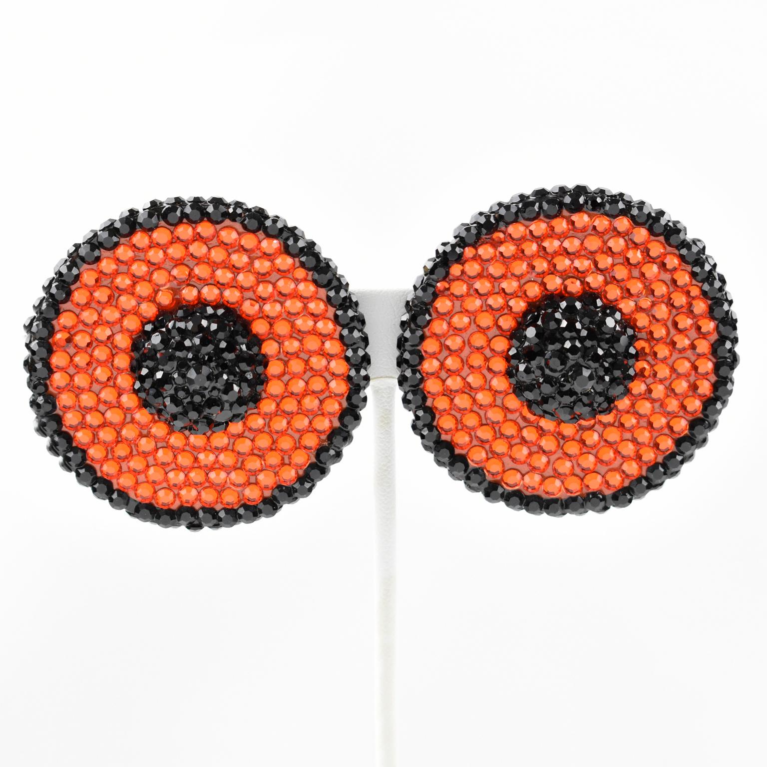 Richard Kerr Orange and Black Crystal Jeweled Clip Earrings For Sale 2