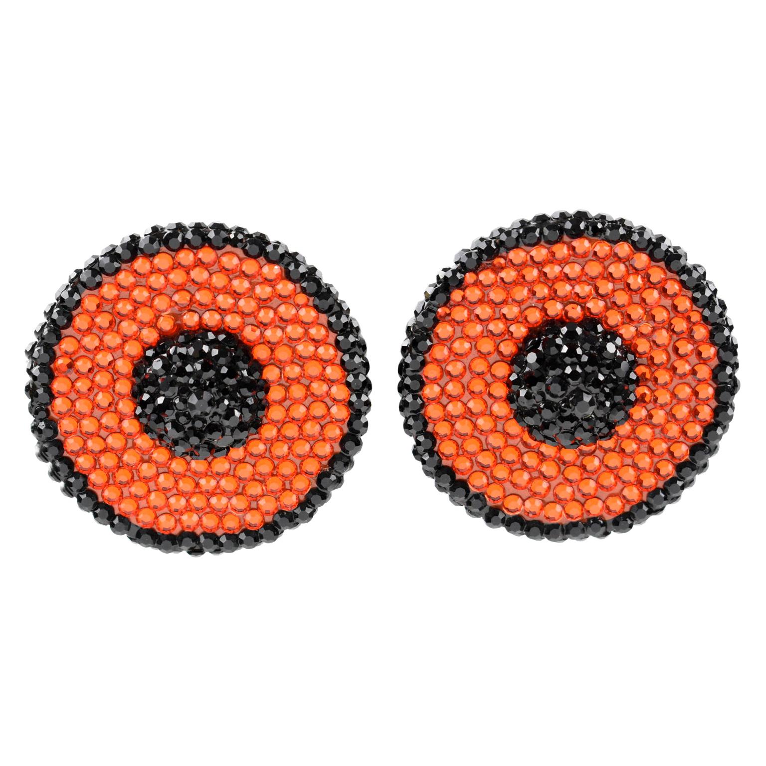 Richard Kerr Orange and Black Crystal Jeweled Clip Earrings For Sale