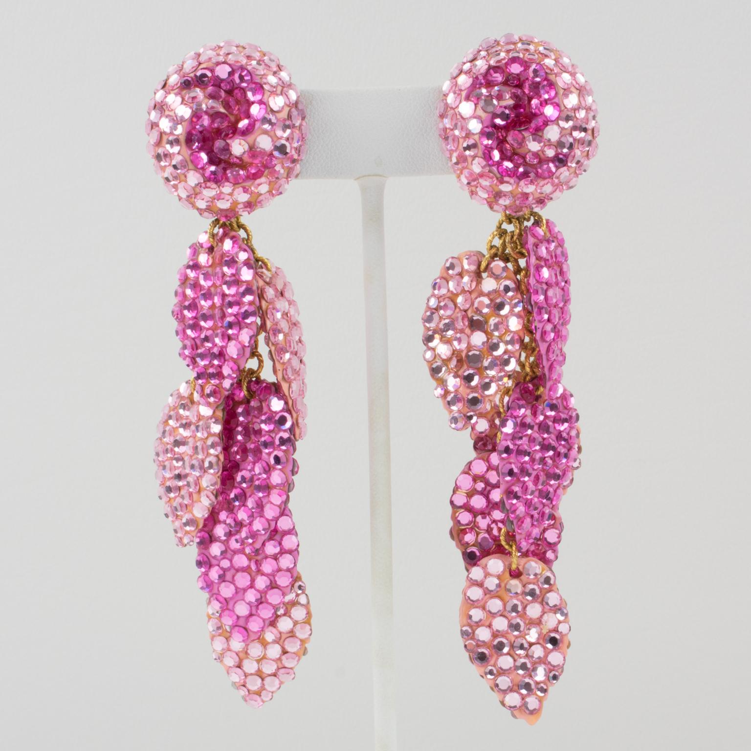 Richard Kerr Oversized Dangle Pink Jeweled Clip Earrings In Excellent Condition In Atlanta, GA