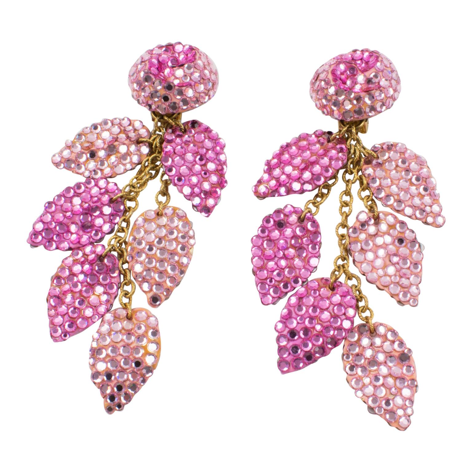 Richard Kerr Oversized Dangle Pink Jeweled Clip Earrings