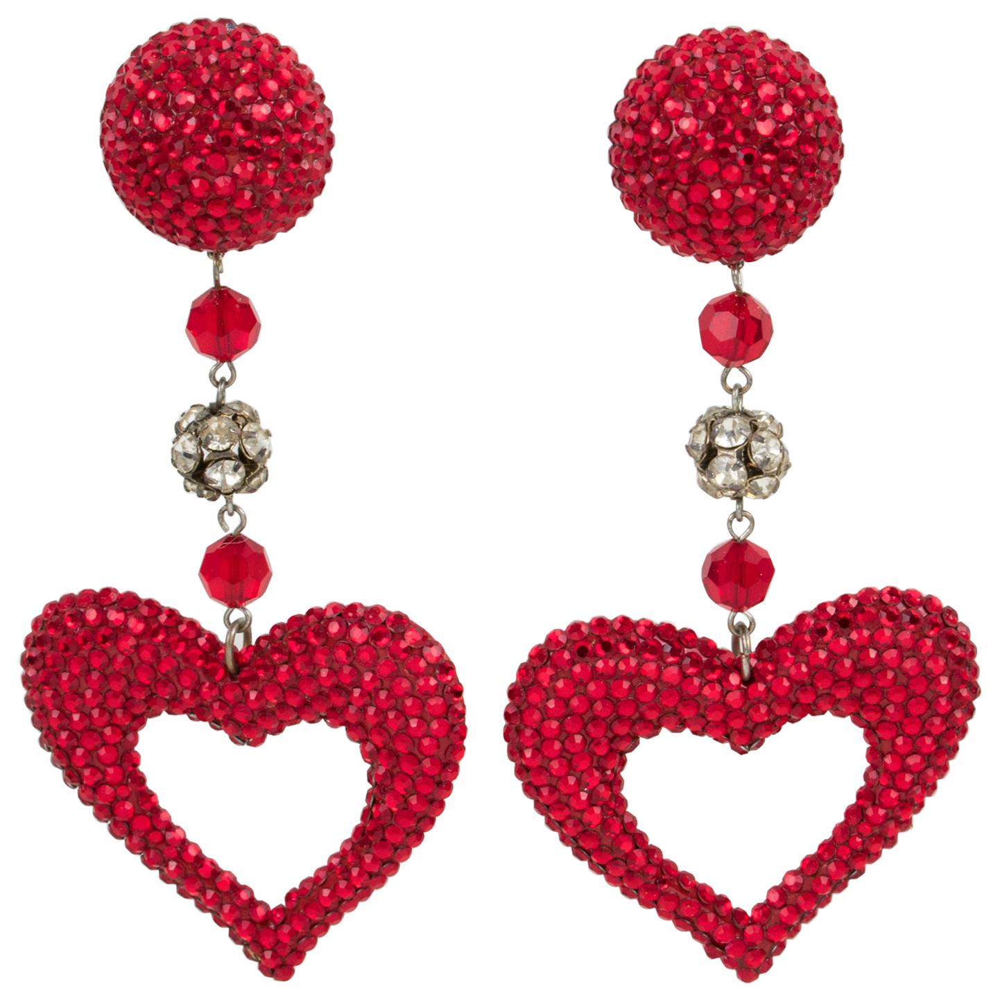 Richard Kerr Oversized Red and Silver Jeweled Heart Clip Earrings