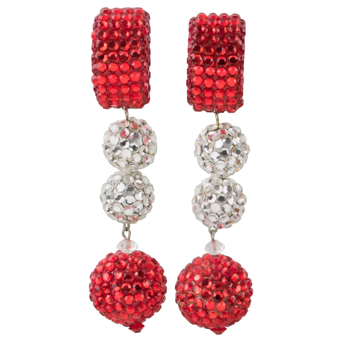 Richard Kerr Oversized Red and White Jeweled Clip Earrings For Sale