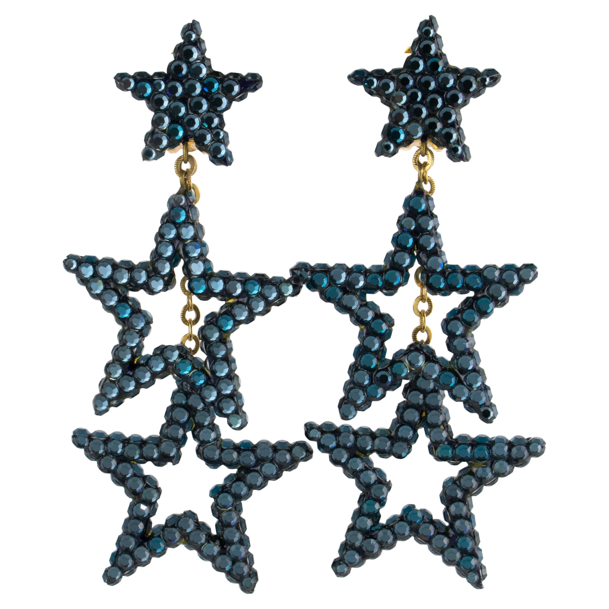 Richard Kerr Petroleum Blue Jeweled Dangling Star Clip Earrings For Sale