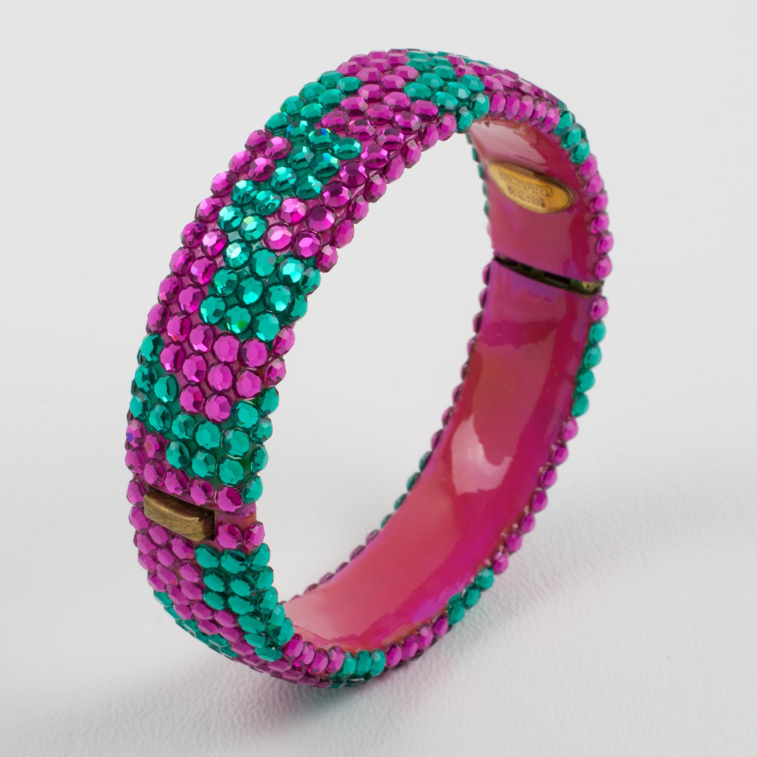 Modern Richard Kerr Pink and Turquoise Crystal Jeweled Clamper Bracelet For Sale