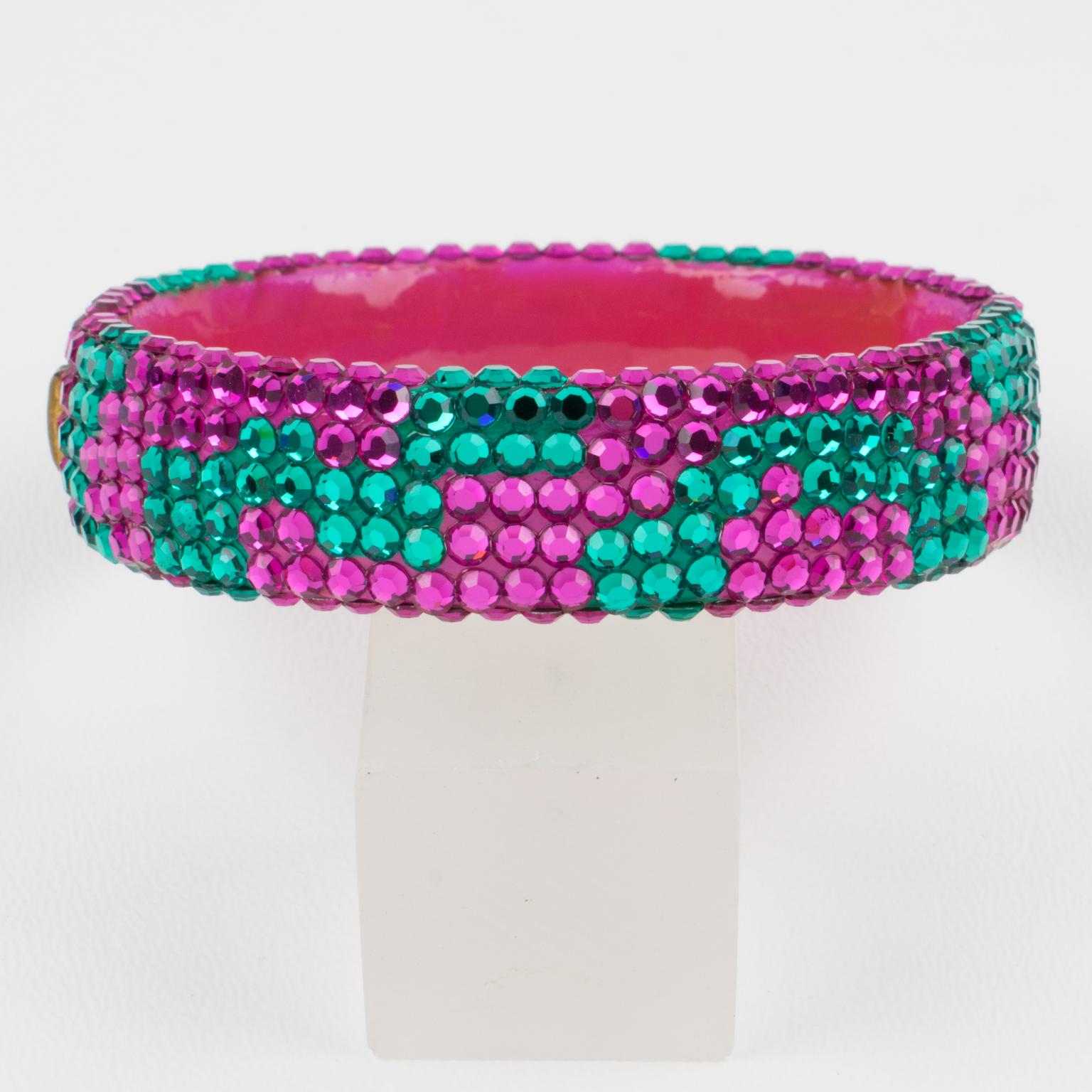 Richard Kerr Pink and Turquoise Crystal Jeweled Clamper Bracelet In Excellent Condition For Sale In Atlanta, GA
