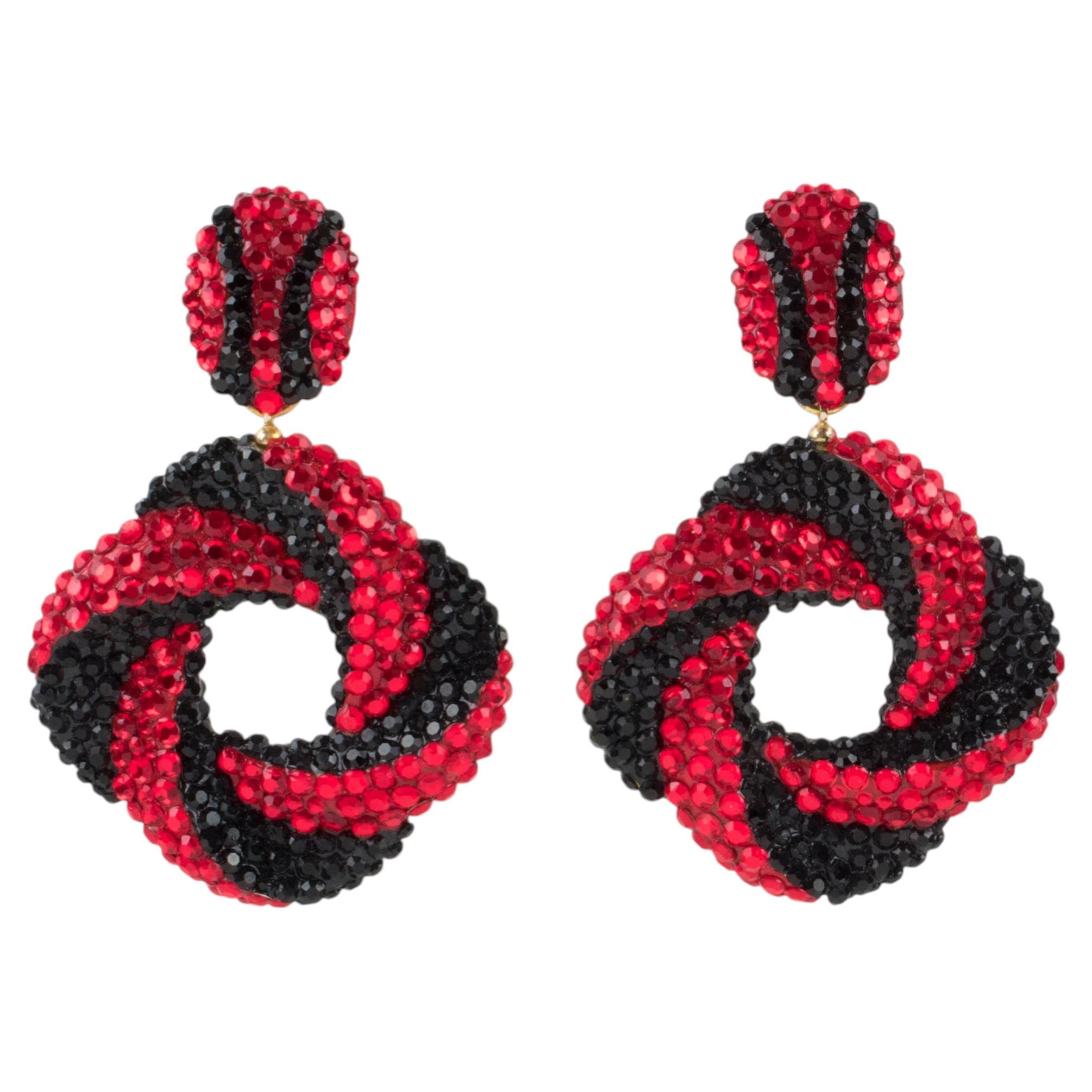 Richard Kerr Red and Black Jeweled Dangle Clip Earrings