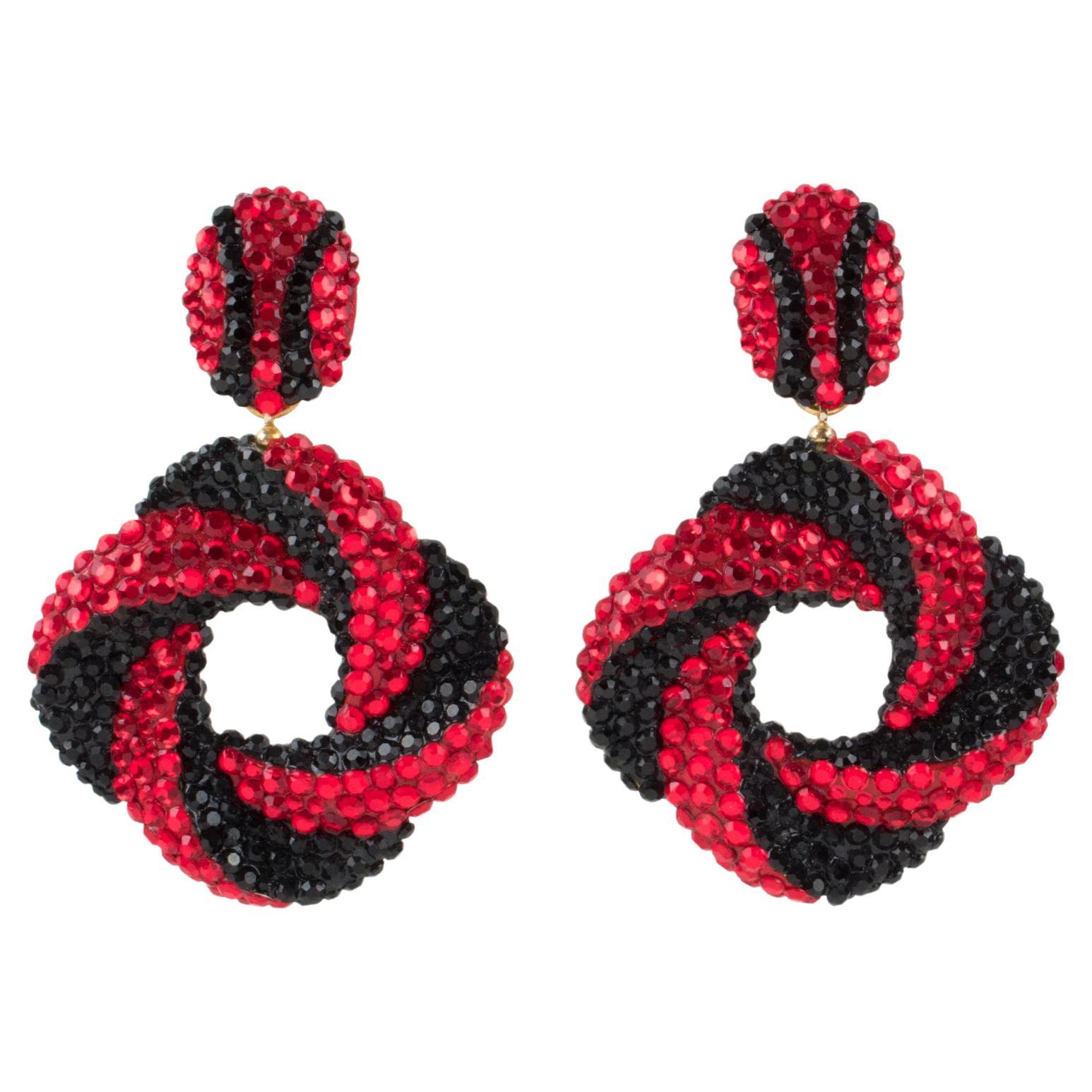 Richard Kerr Red and Black Jeweled Dangle Clip Earrings For Sale