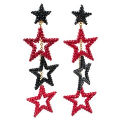 Vintage Richard Kerr Red and Black Rhinestones Dangle Stars Clip Earrings