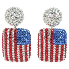 Richard Kerr Red, Blue & Silver Pave Crystal Flag Earrings, 1980's