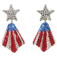 Richard Kerr Red, Blue & Silver Pave Crystal Stars & Stripes Earrings, 1980's