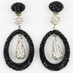 Richard Kerr Silver and Black Crystal Jeweled Dangle Clip Earrings