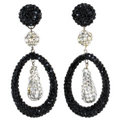 Richard Kerr Silver and Black Crystal Jeweled Dangle Clip Earrings