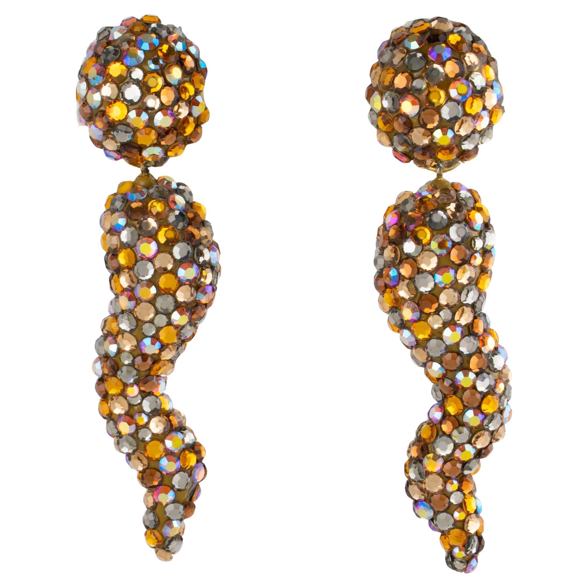 Richard Kerr Topaz, Silver and Gray Crystal Jeweled Dangle Clip Earrings For Sale