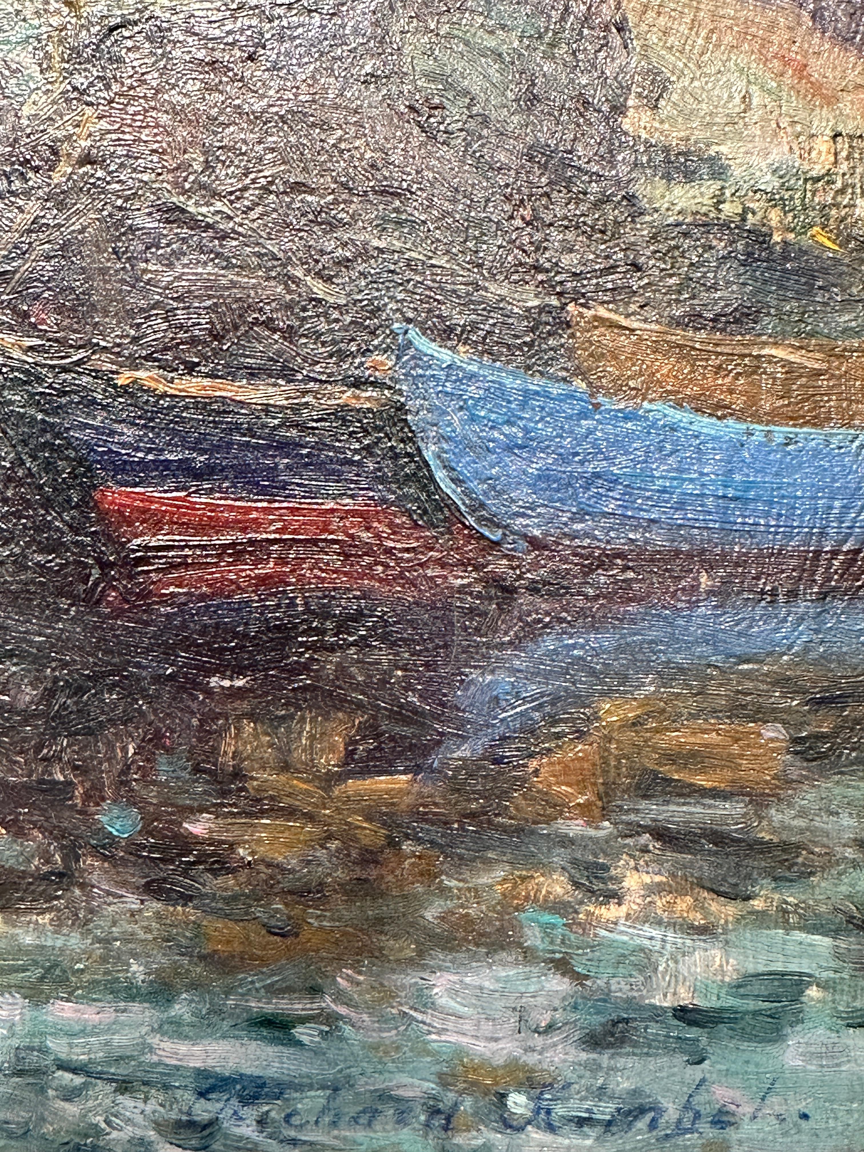 “Mending Nets”, Rockport, MA, bearskin neck Seascape of Fishermen working - Painting by Richard Kimbel