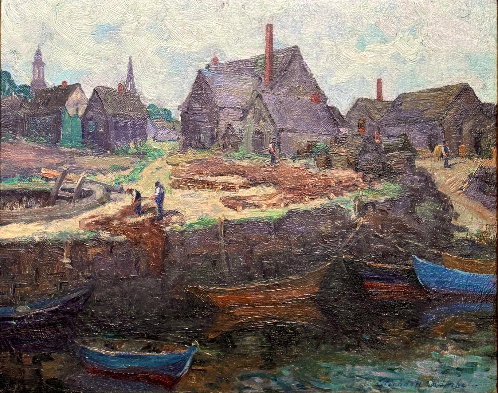 Landscape Painting Richard Kimbel - Mending Nets, Rockport, MA, cou en peau d'ours Seascape of Fishermen working