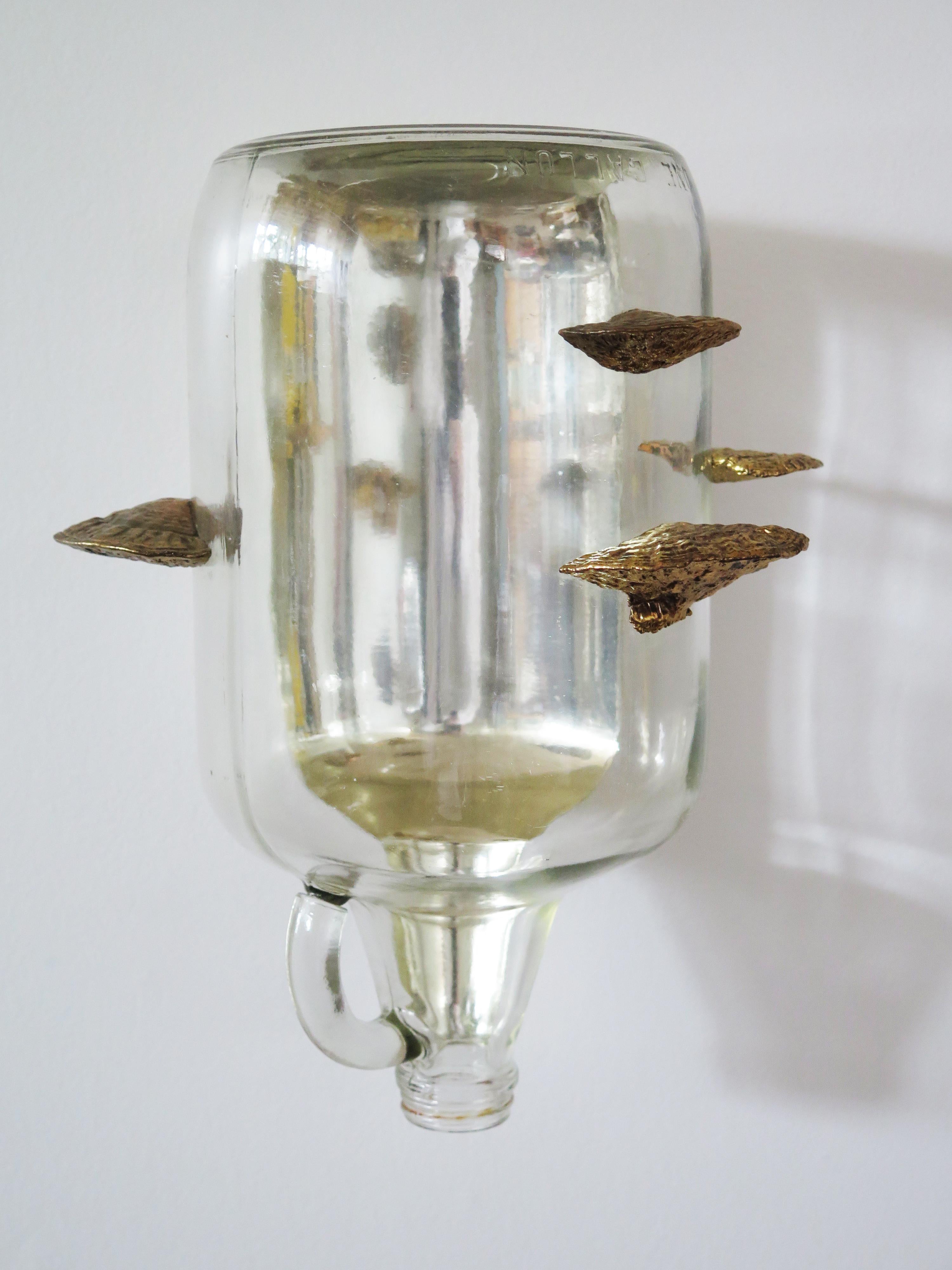 Richard Klein Abstract Sculpture - Empty - White Gold Glass Jug Wall Sculpture Copper Metal Plated Mushrooms, 2018
