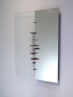 Half Life, Mirror, Glass Wall Sculpture with Gold Metal Plated Mushrooms