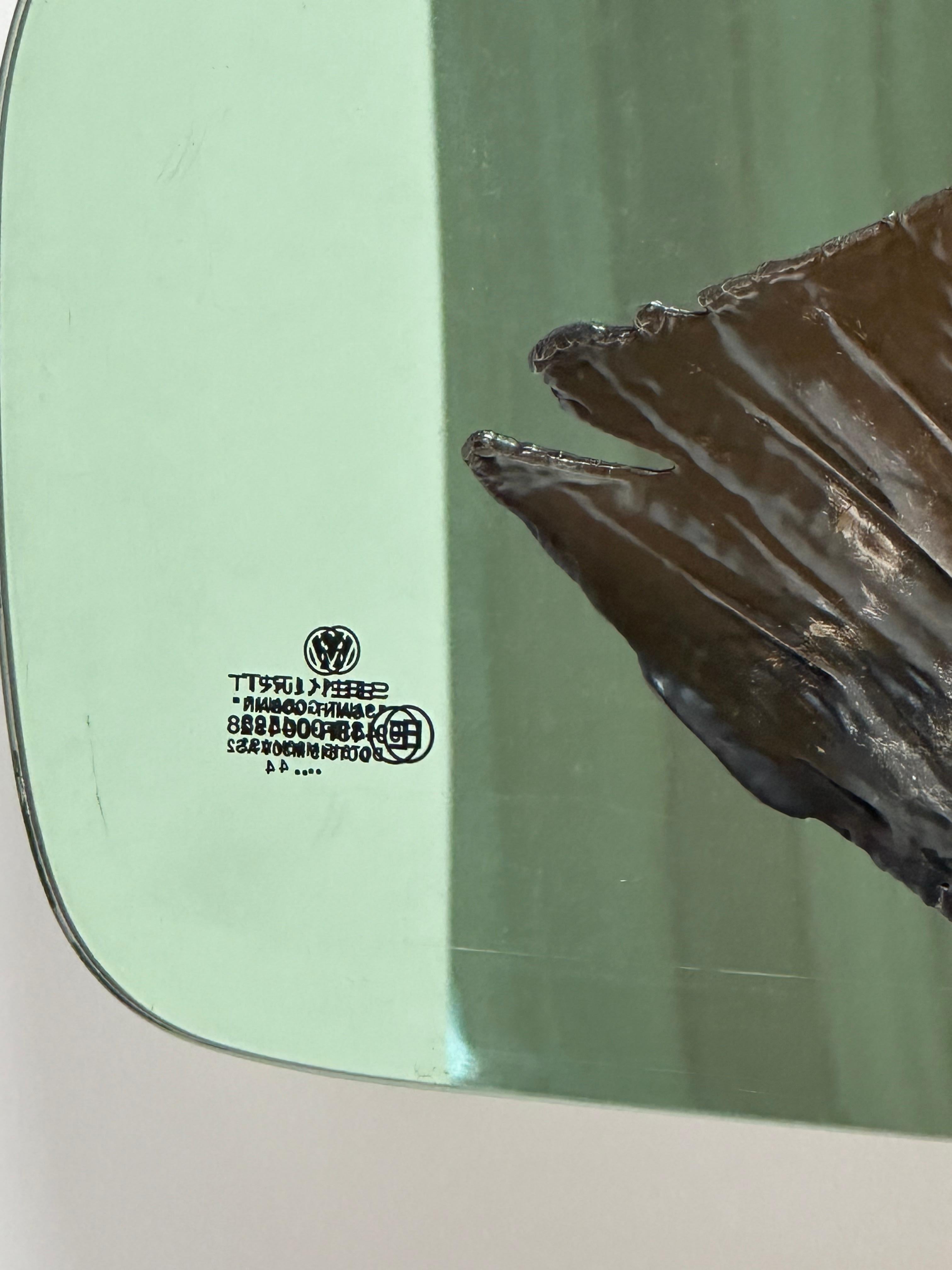 Bei dieser an der Wand montierten Skulptur ragt ein kupferfarbener und vernickelter Krähenflügel aus einer geformten Glasscheibe heraus, einer mit weißem Blattgold verspiegelten Scheibe eines Volkswagen Passat von 1990.

Richard Klein verwendet seit
