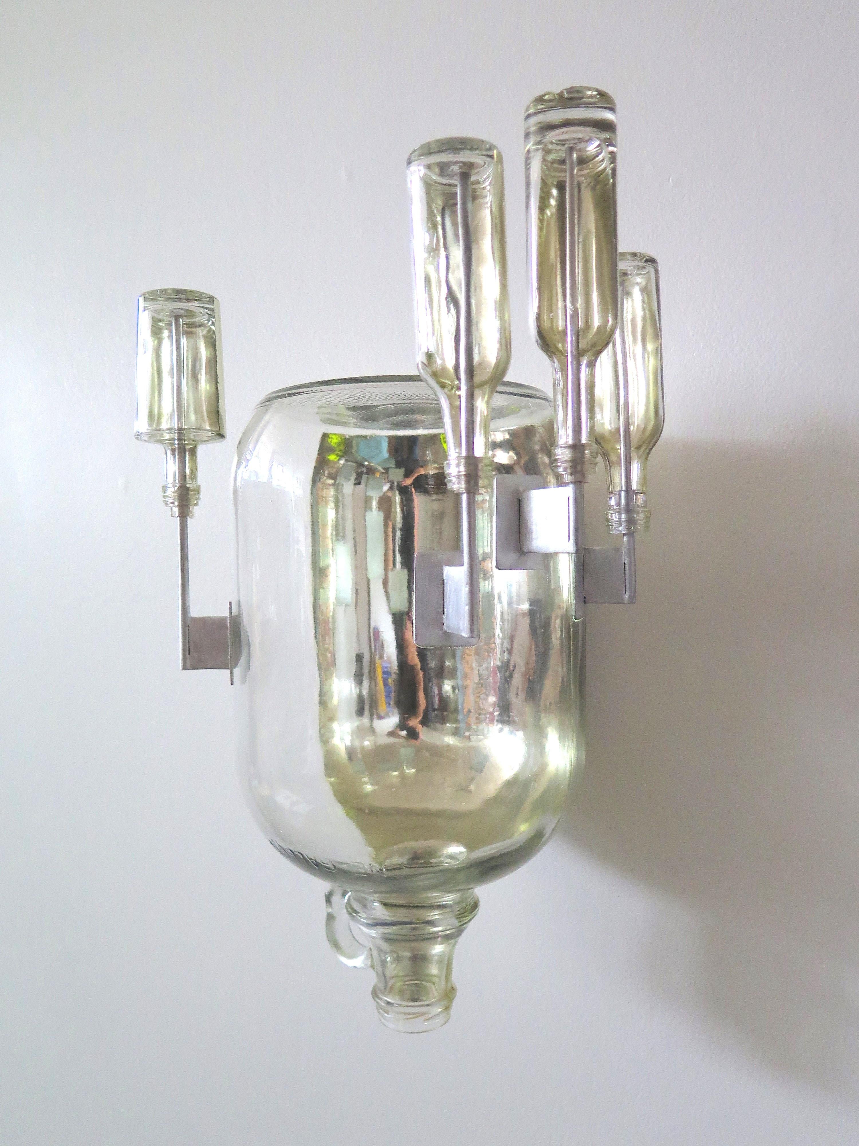 Richard Klein Abstract Sculpture - Untitled Watertower, Glass Wall Sculpture, White Gold Metal Plated Jug, Bottles