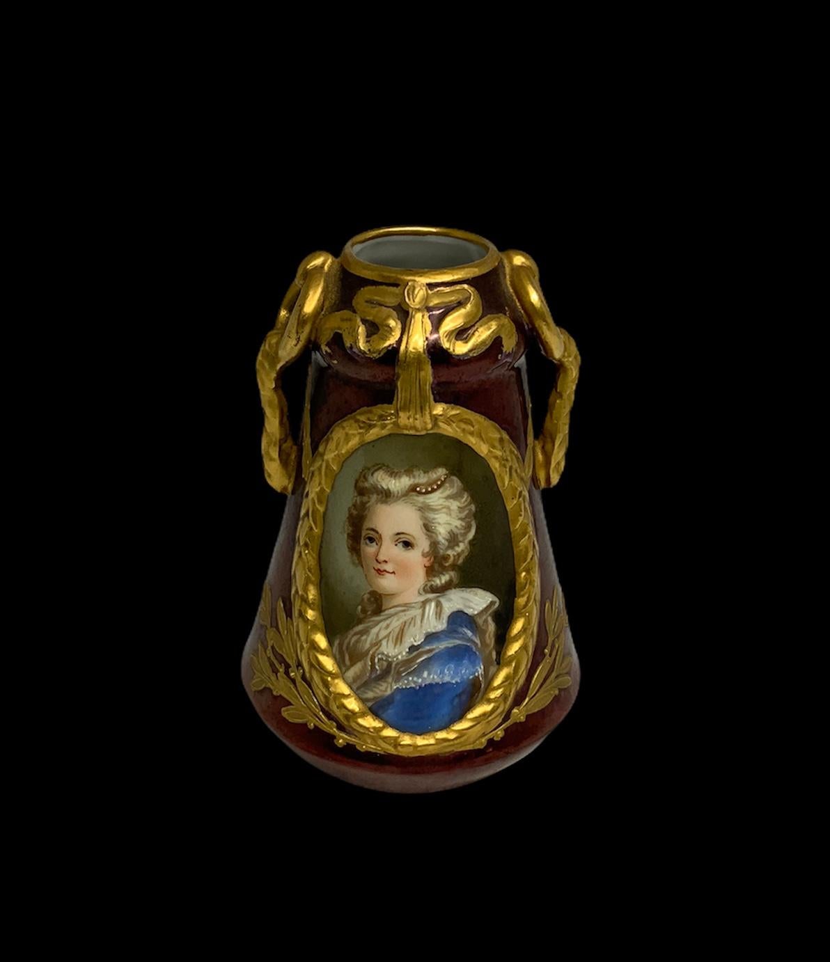 Gilt Richard Klemm Dresden Miniature Porcelain Portrait Cabinet Vase of Antoinette For Sale