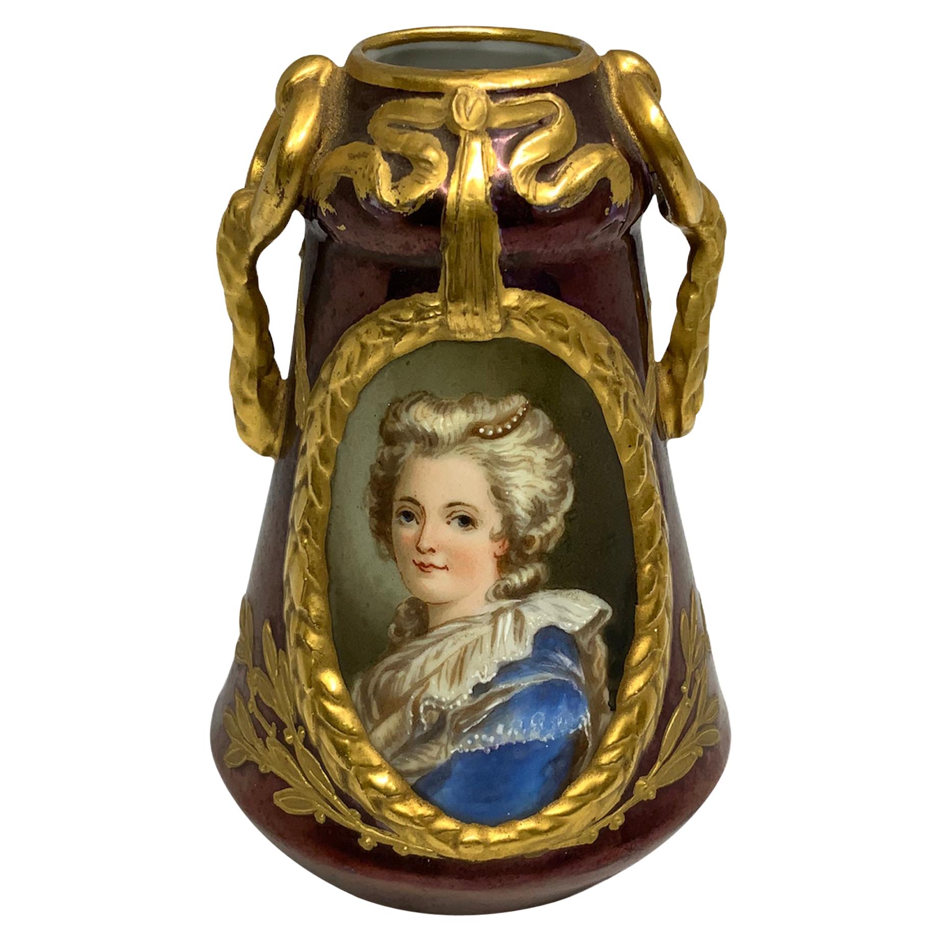 Richard Klemm Dresden Miniature Porcelain Portrait Cabinet Vase of Antoinette For Sale