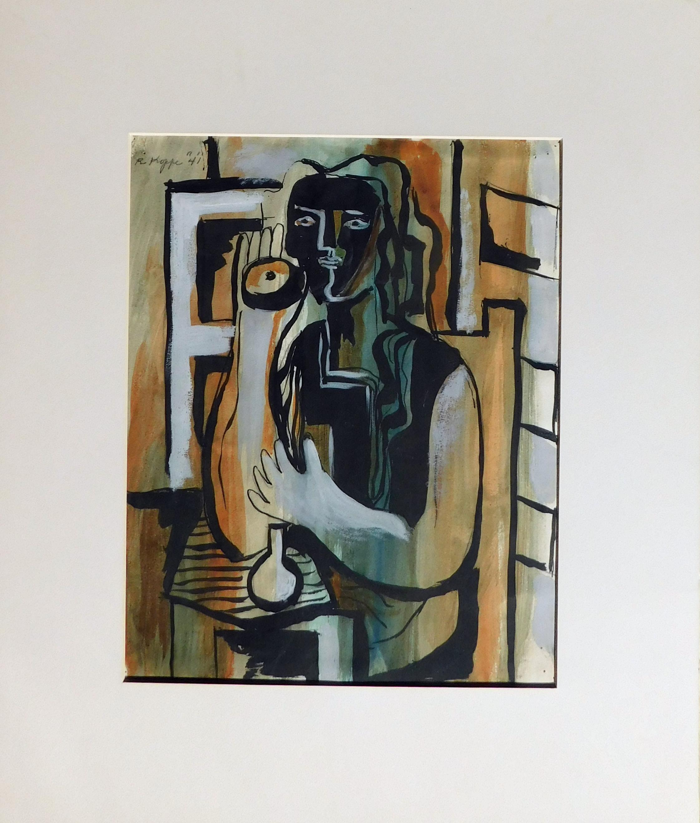 Figurativo Abstracto Gouache sobre Papel - Mujer - Abstract Painting Marrón de Richard Koppe