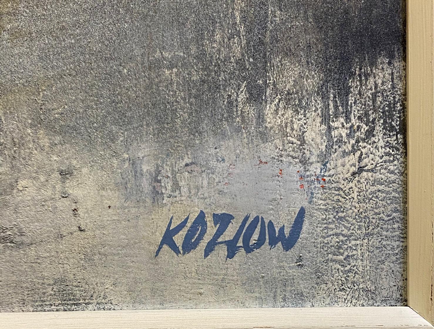 For your consideration is a spectacular framed abstract oil painting on canvas, signed by Detroit artist Richard Kozlow (30.5 h x 37.5 w x2.75 d). In excellent condition. 
Richard Kozlow (May 5, 1926 - July 29, 2008) was an artist who lived in