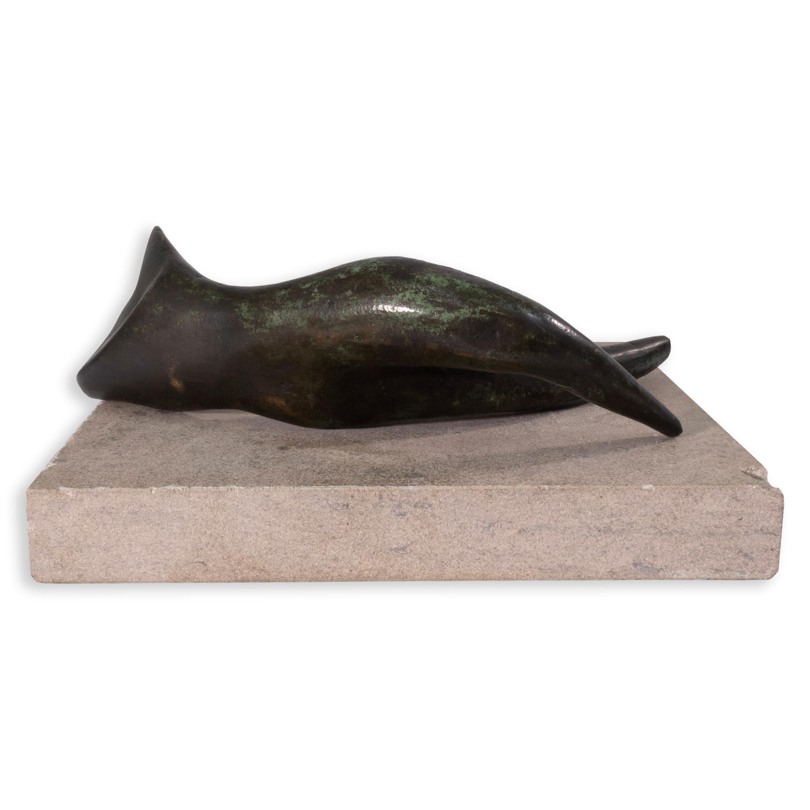 American Richard Kozlow Untitled 1996 Figurative Green Bronze Sculpture On Cement Base For Sale
