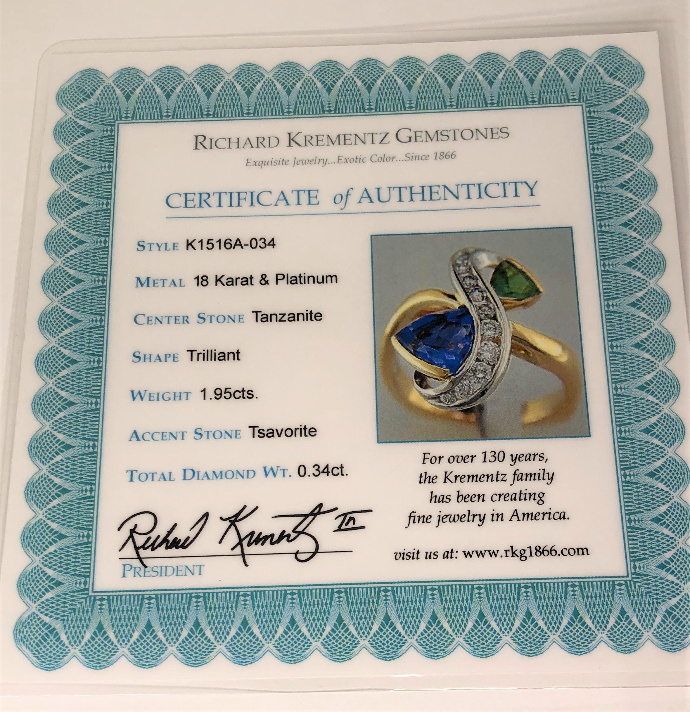 Trillion Cut Richard Krementz 1.95ct Tanzanite Tsavorite Diamond Ring For Sale