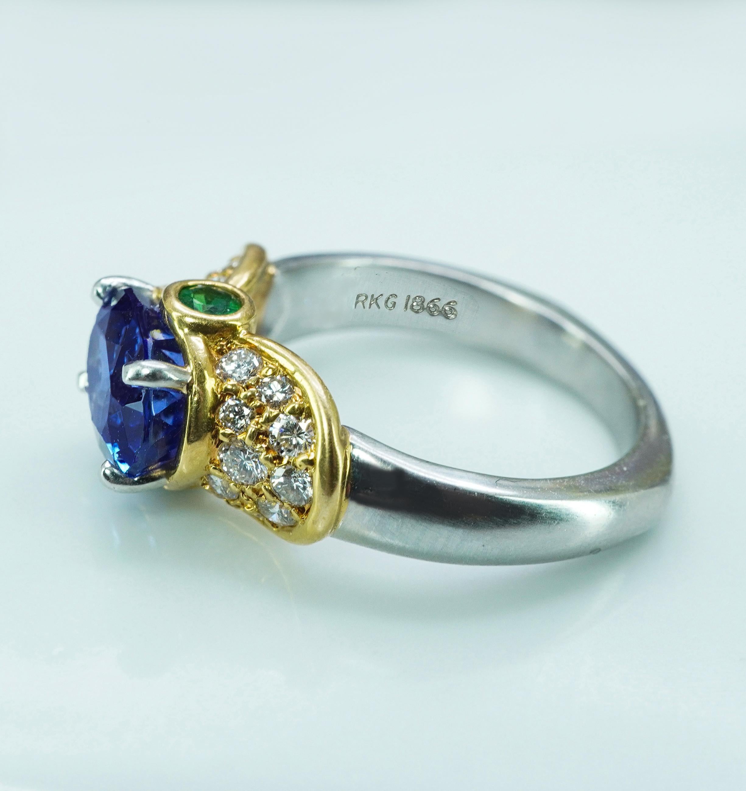 Richard Krementz, bague en or 18 carats avec tanzanite 2,6 carats, diamant, tsavorite et platine RKG en vente 4