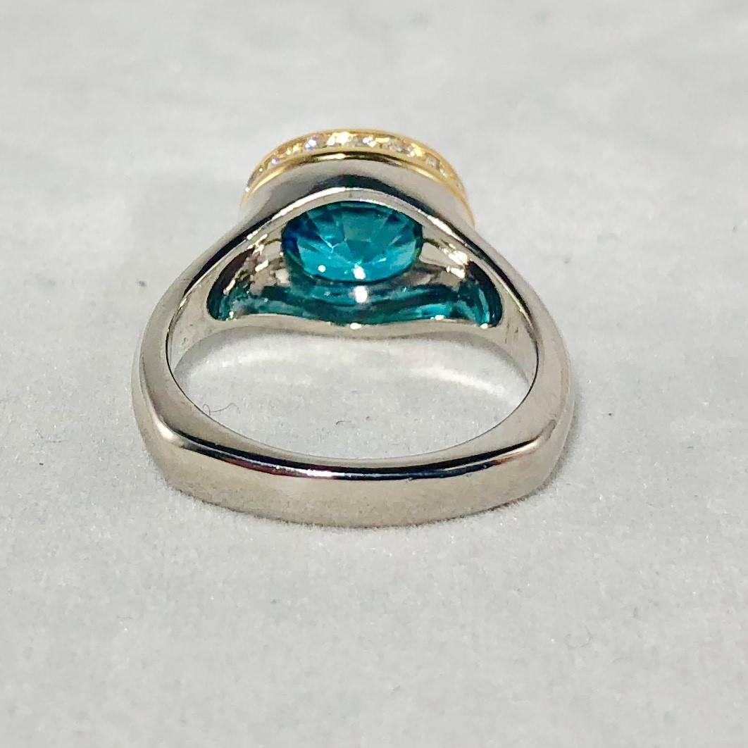 Richard Krementz Gemstones Platinum/18 Karat 5.4 Carat Blue Zircon Diamond Ring For Sale 2