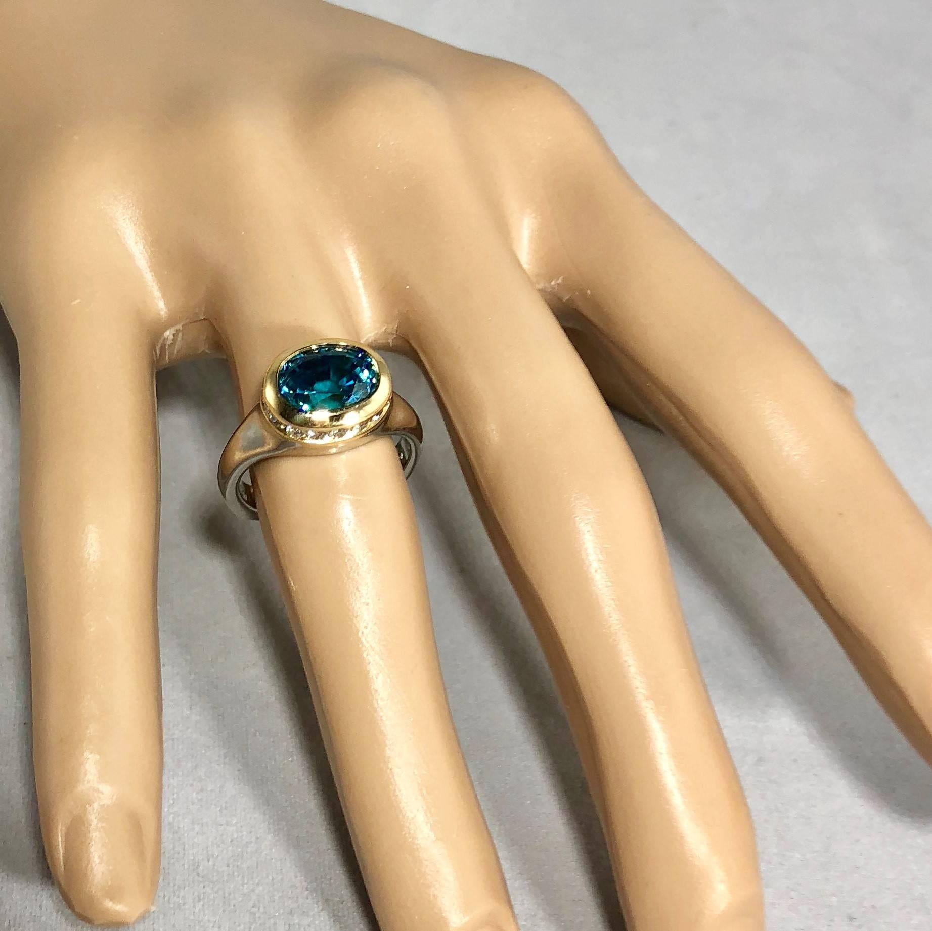 Richard Krementz Gemstones Platinum/18 Karat 5.4 Carat Blue Zircon Diamond Ring For Sale 4