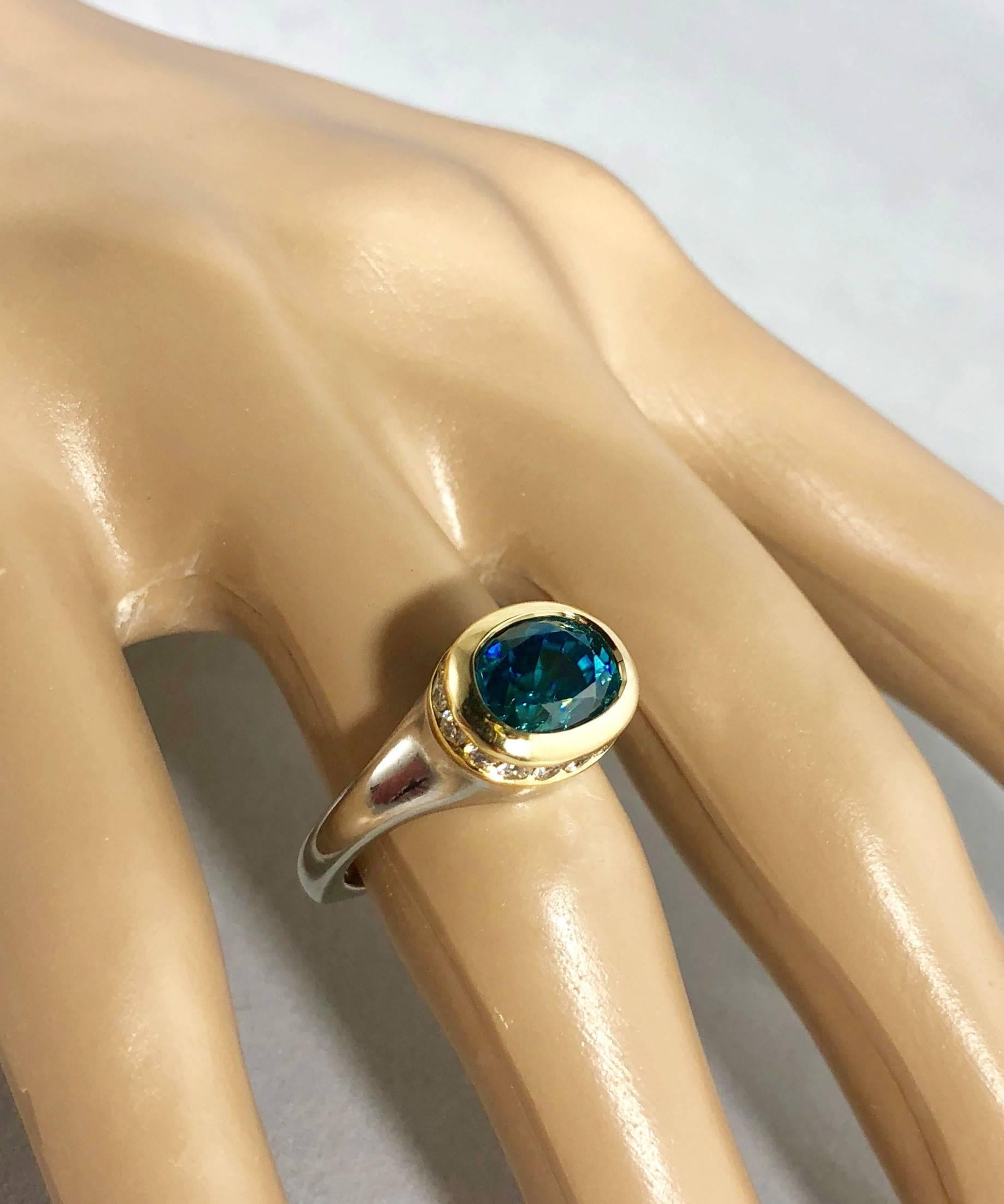 Richard Krementz Gemstones Platinum/18 Karat 5.4 Carat Blue Zircon Diamond Ring For Sale 5