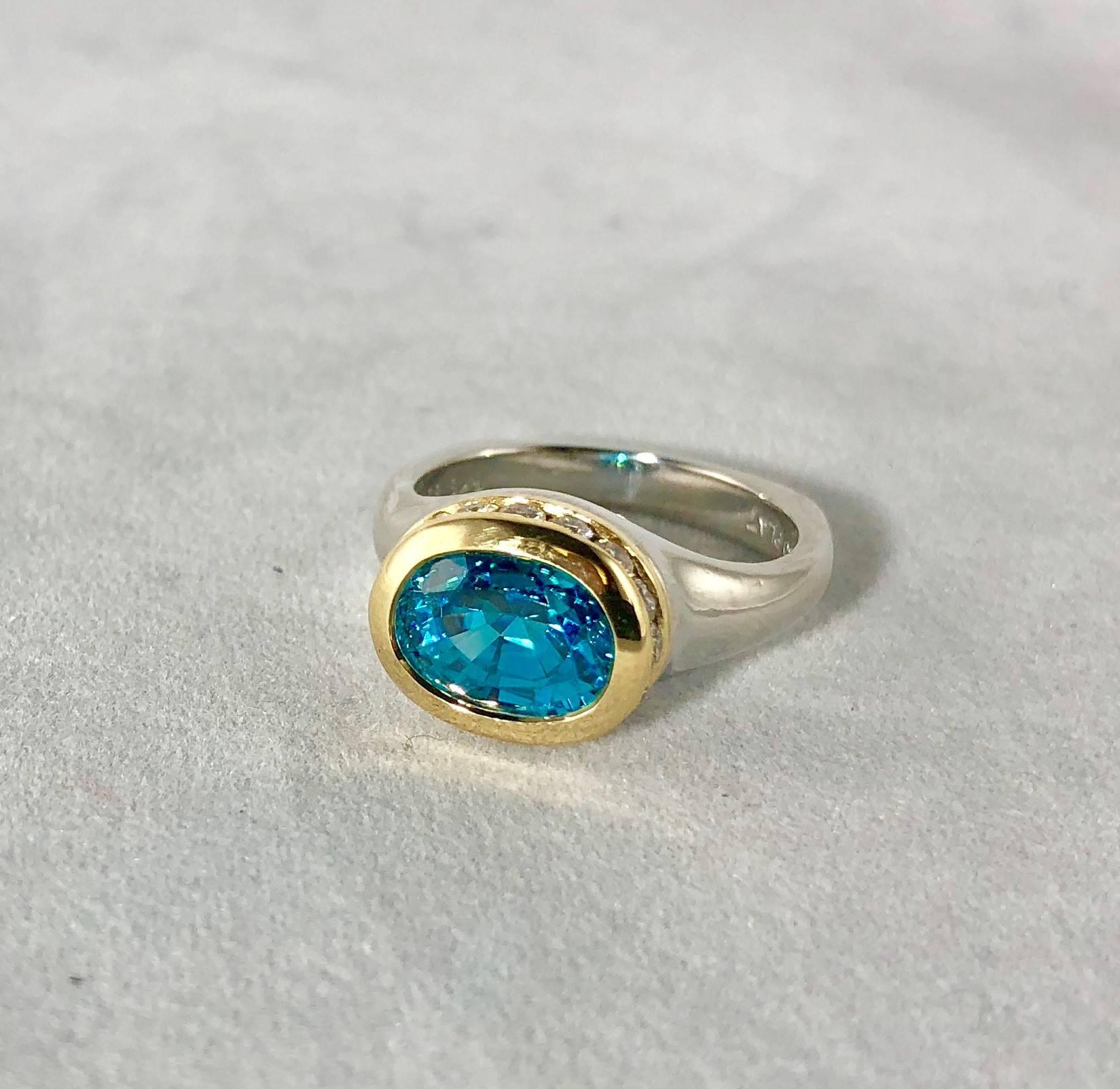 Richard Krementz Gemstones Platinum/18 Karat 5.4 Carat Blue Zircon Diamond Ring In Excellent Condition For Sale In Mansfield, OH