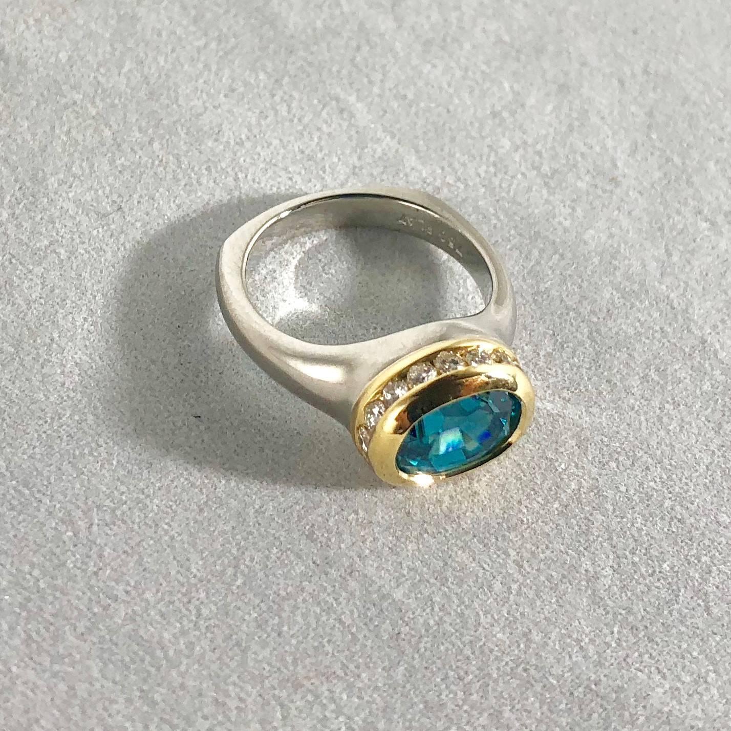 Richard Krementz Gemstones Platinum/18 Karat 5.4 Carat Blue Zircon Diamond Ring For Sale 1