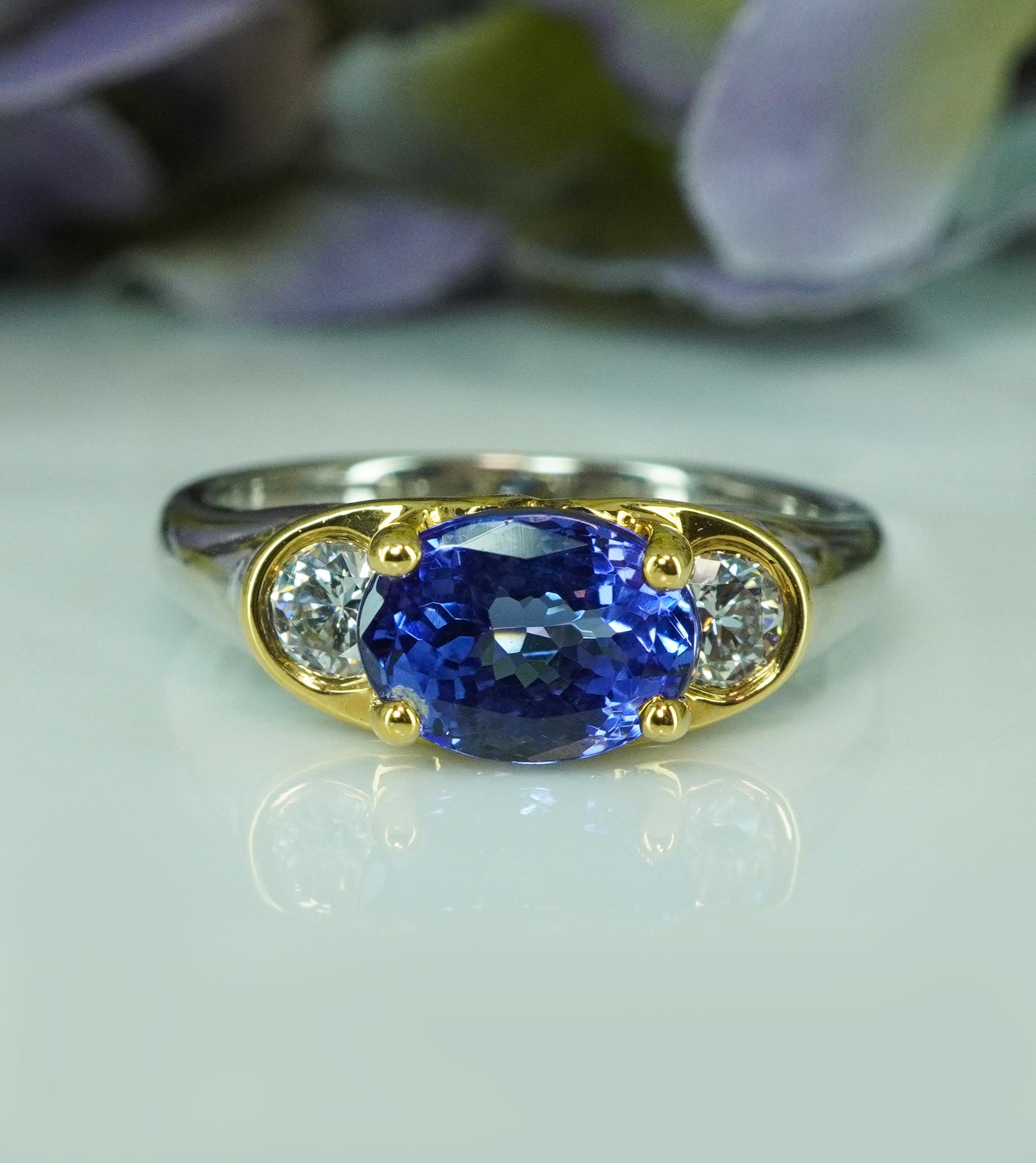 Richard Krementz Edelsteine Tanzanit Diamant Platin 18K Gold 3 Stein Ring RKG Damen im Angebot