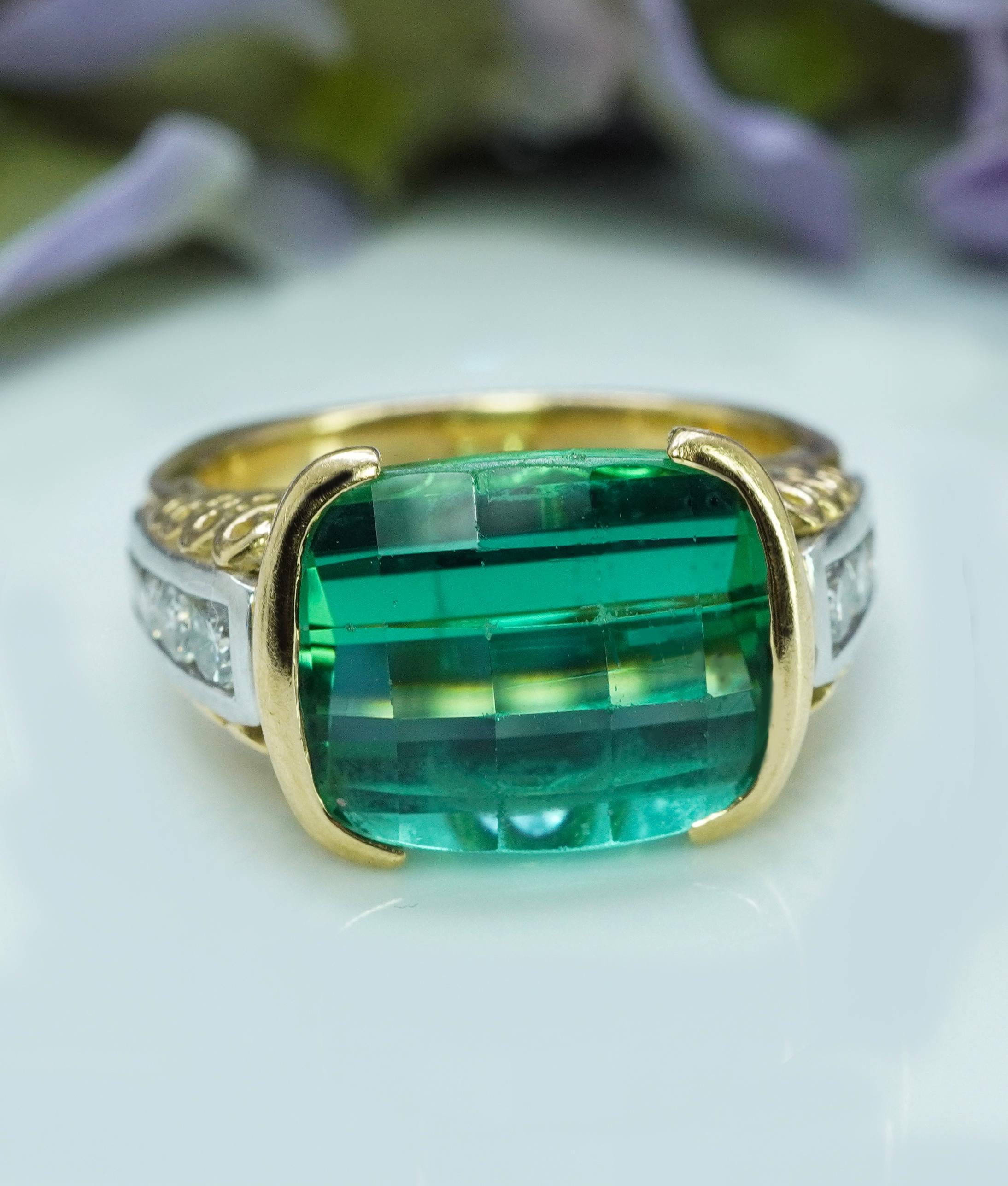 Rétro Richard Krementz Anello in platino e oro 18 carati con tormalina a cuscino e diamante, Designer 8ct