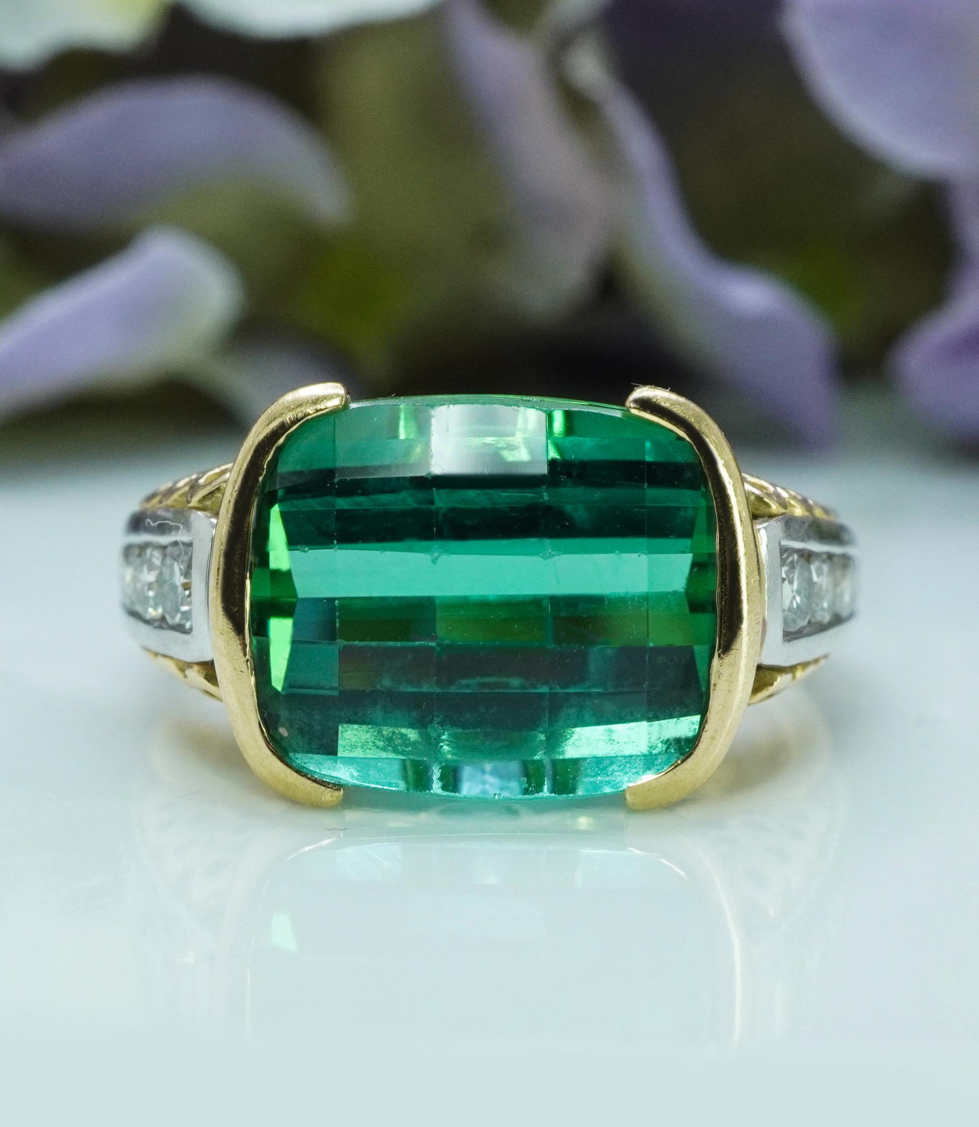 Richard Krementz Anello in platino e oro 18 carati con tormalina a cuscino e diamante, Designer 8ct In condizioni buone a Brambleton, US