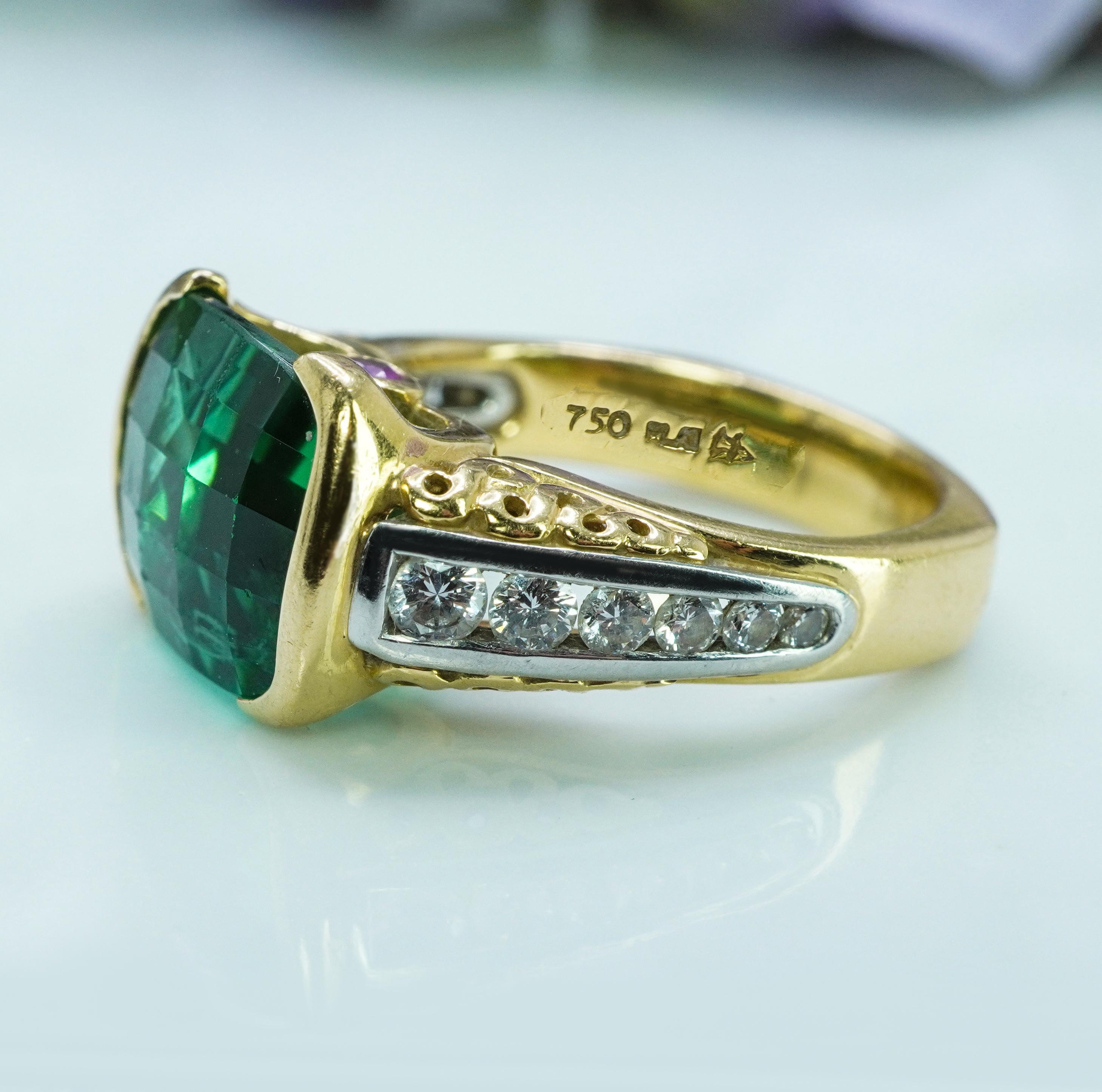 Richard Krementz Anello in platino e oro 18 carati con tormalina a cuscino e diamante, Designer 8ct 2