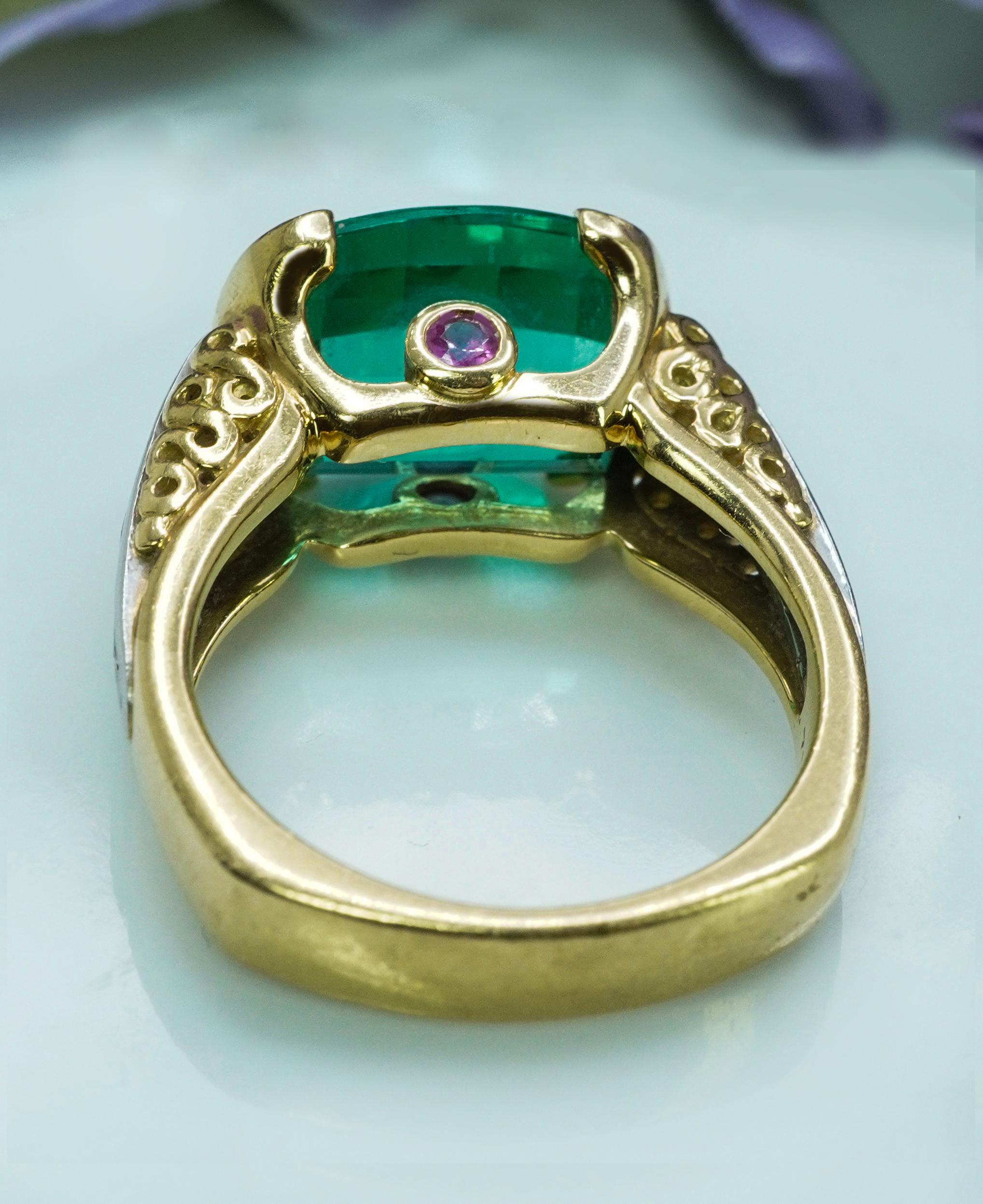 Richard Krementz Anello in platino e oro 18 carati con tormalina a cuscino e diamante, Designer 8ct 3