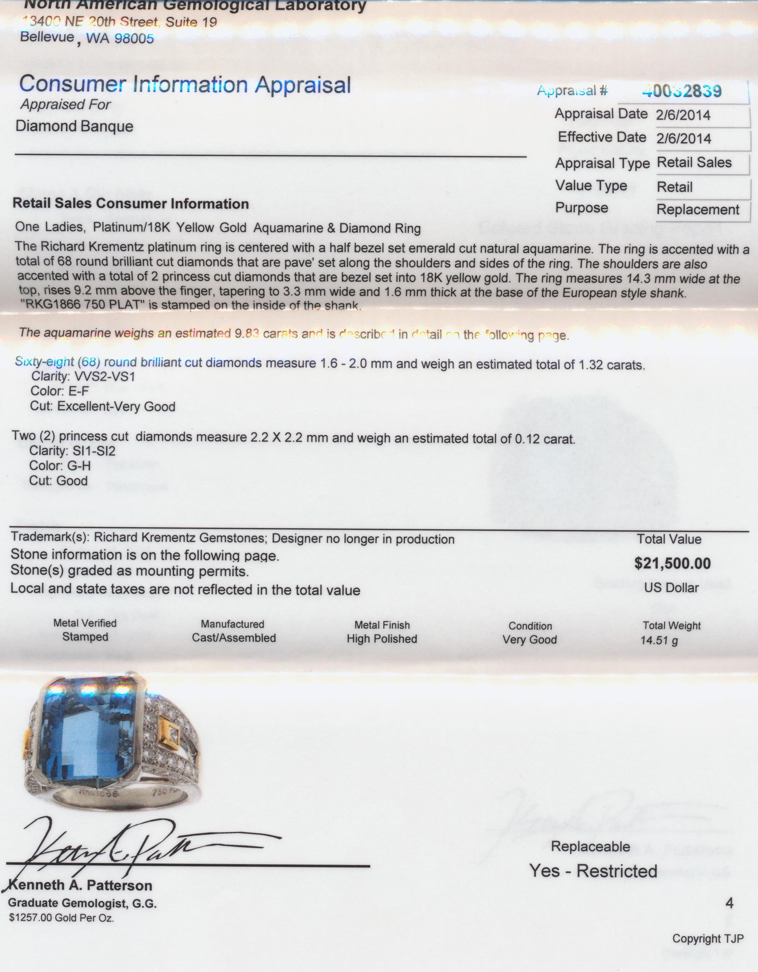 Richard Krementz Platinum 9.8ct Aquamarine Diamond Ring Designer Estate Cert For Sale 4