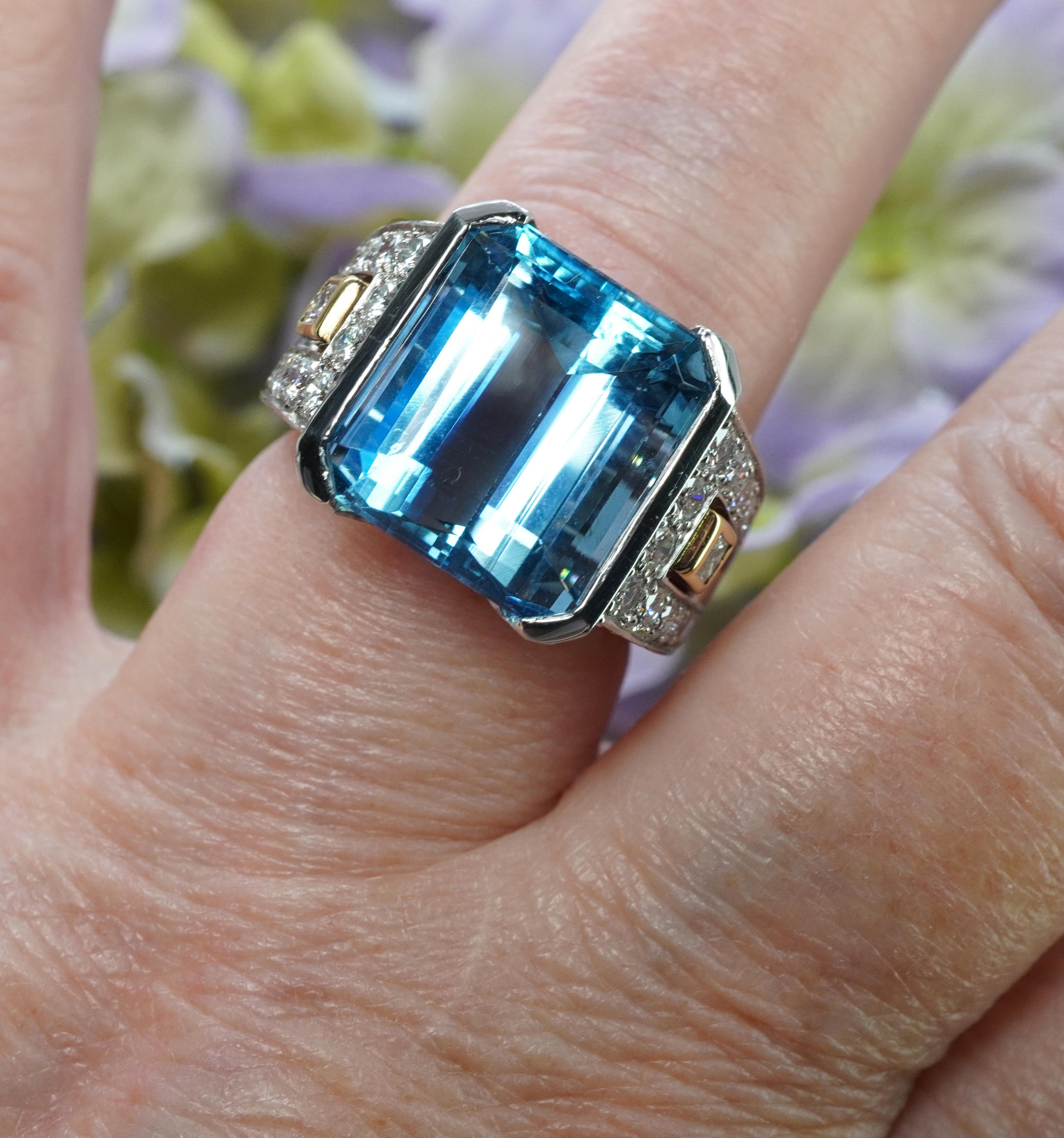Emerald Cut Richard Krementz Platinum 9.8ct Aquamarine Diamond Ring Designer Estate Cert For Sale