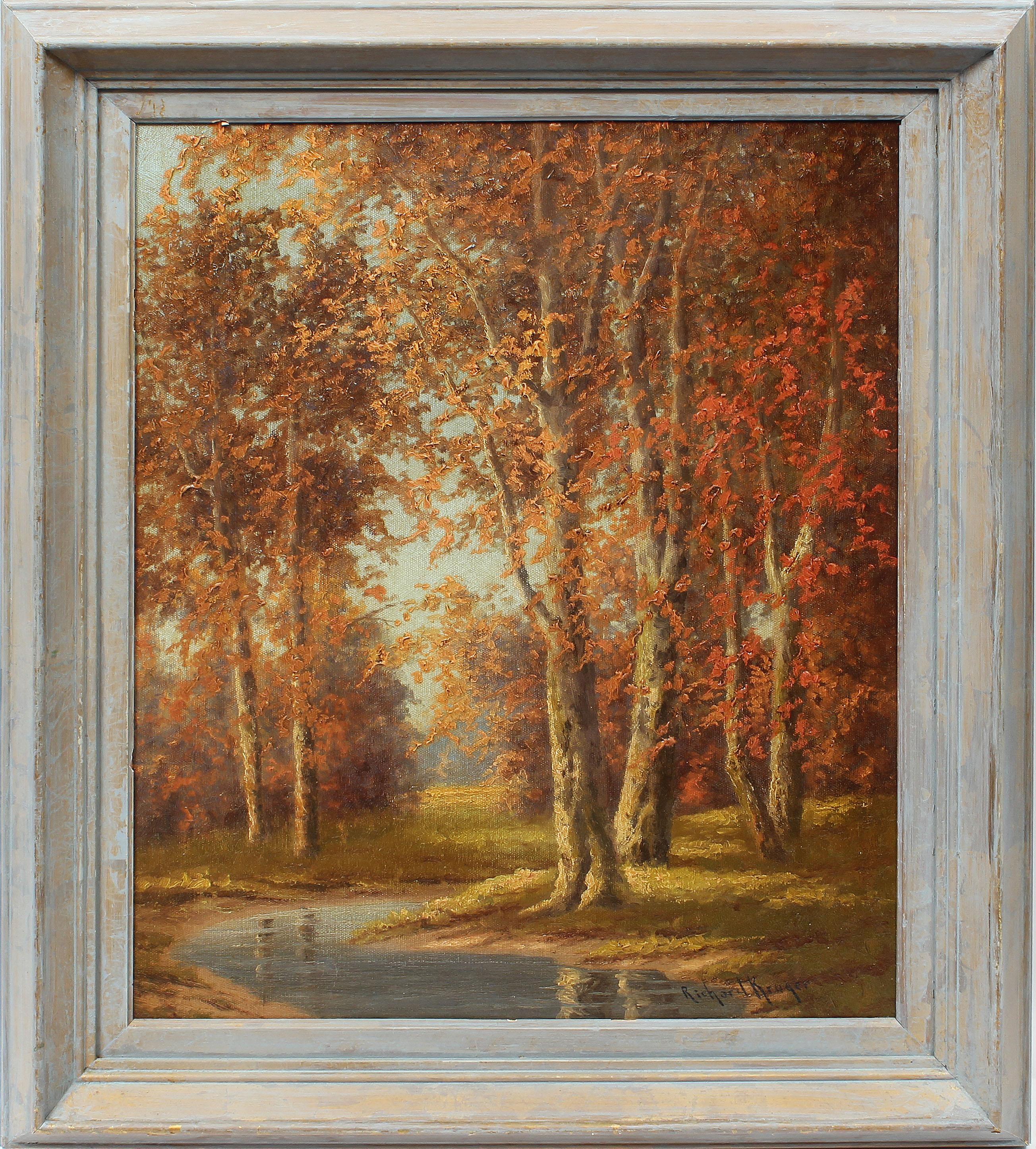 Richard Kruger Landscape Painting - Antique American Impressionist Sunlit Forest Interior Rare Original Oil Painting