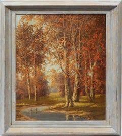Antique American Impressionist Sunlit Forest Interior Rare Original Oil Painting