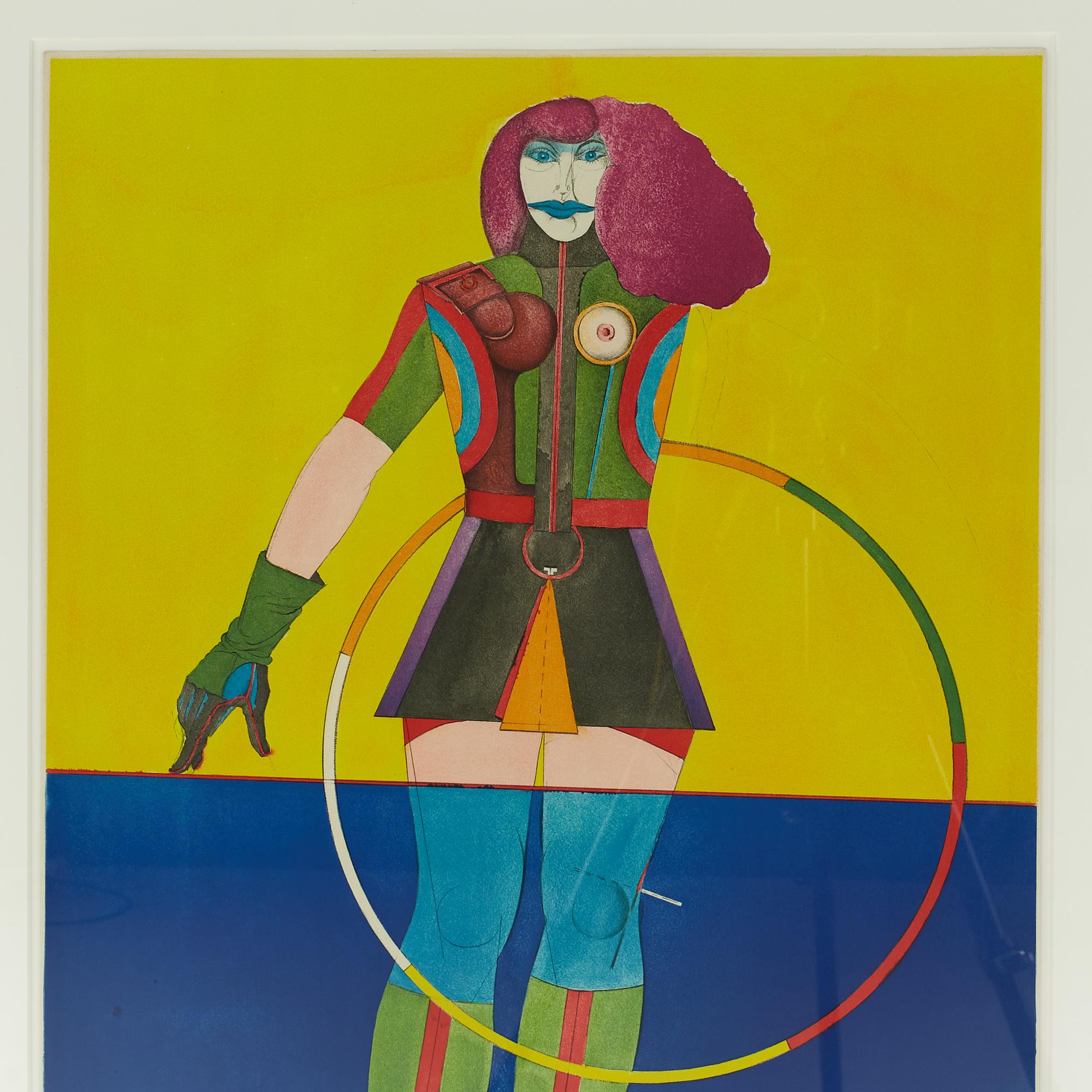 Richard Lindner Mid Century Signed Girl with Hoop Lithograph

This lithograph measures: 27.5 wide x 1 deep x 34.25 inches high

This piece is in Good Vintage Condition. Paper looks to be in great condition; frame has some minor chips to gold