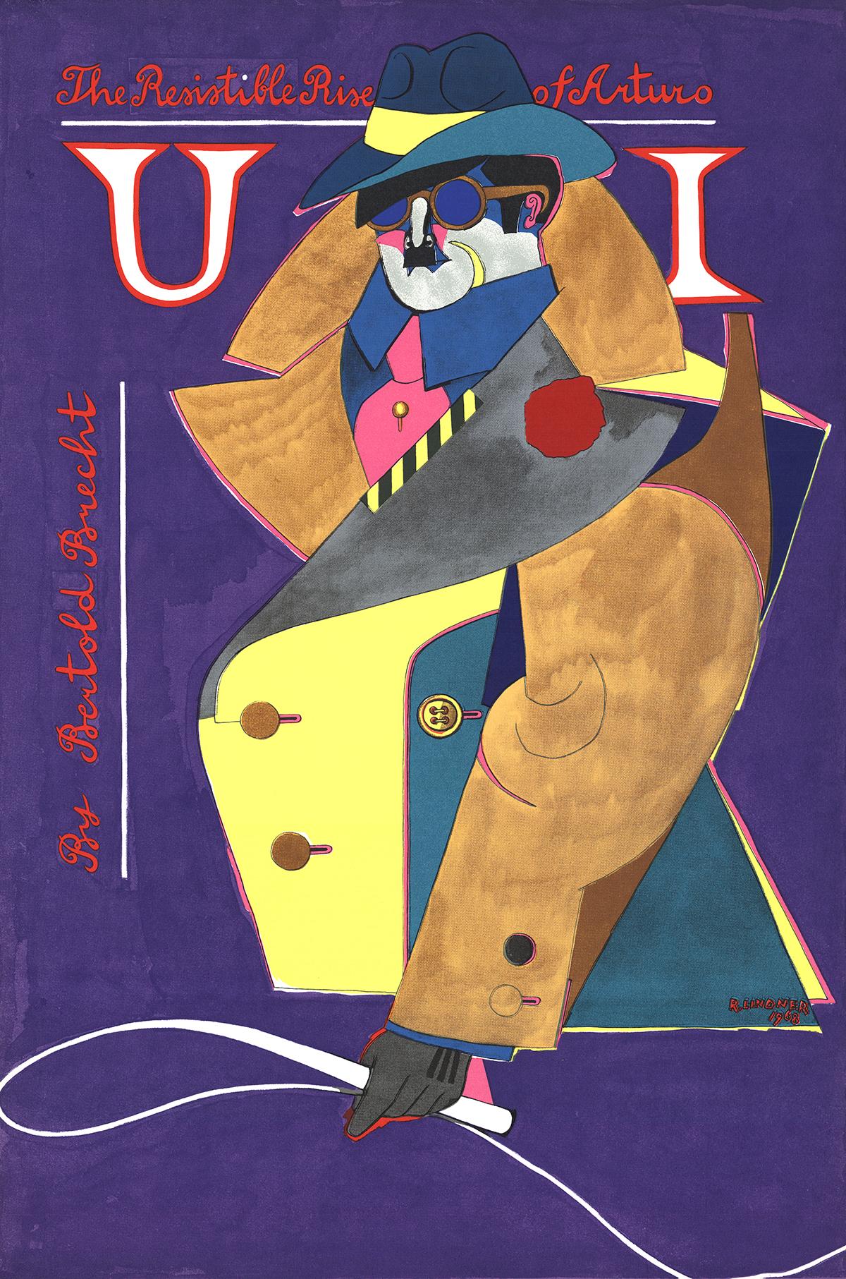 Original poster for the 1968 New York Broadway production of the 1941 play, with Robin Gammell as Ui.  It was directed by Edward Payson Call and ran for 10 performances.  The original play was written by German playwright Bertolt Brecht.
