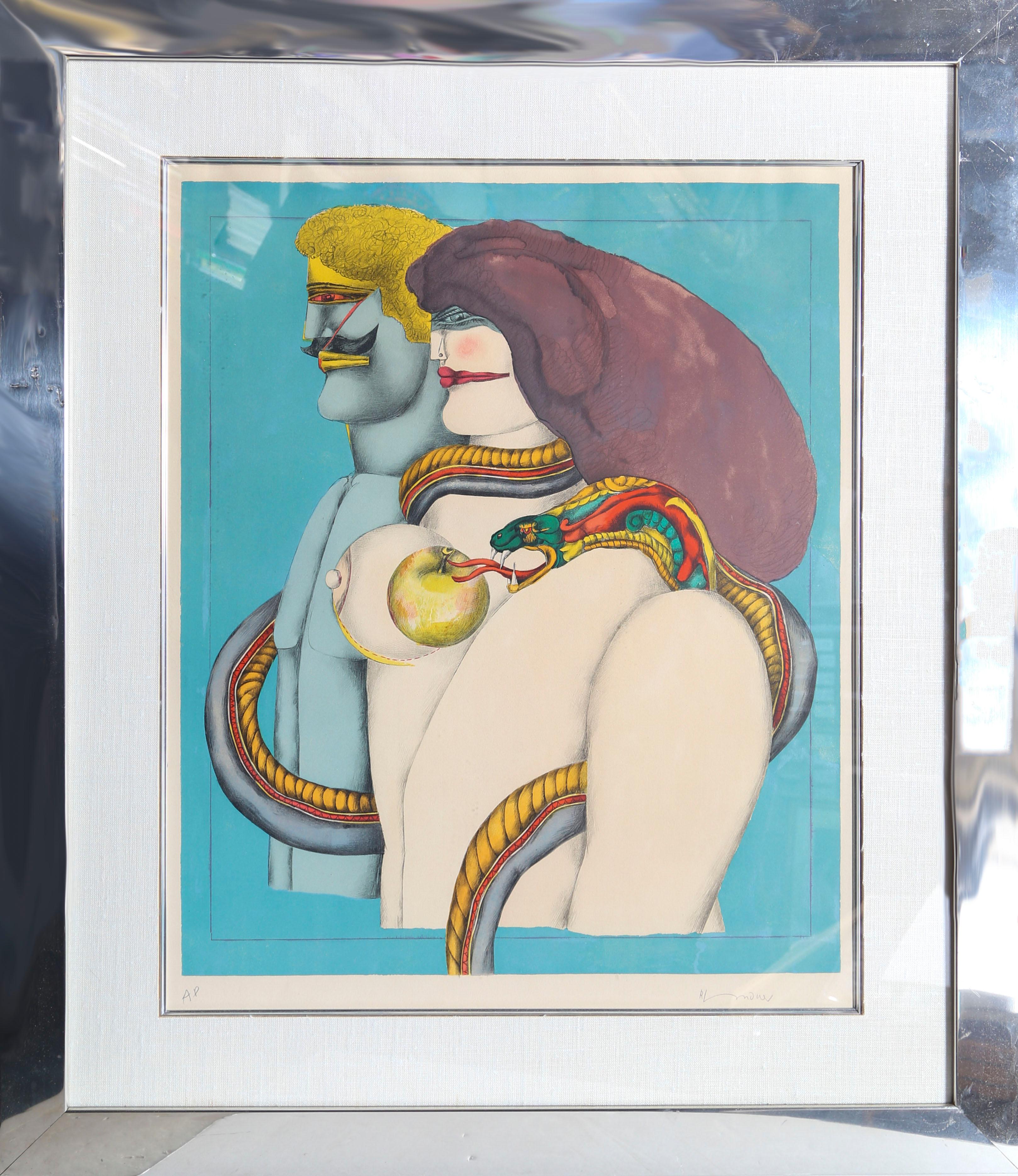 A depiction of Adam and Eve, at the beginning of creation. The snake with an apple can be seen slithering over Eve’s shoulder, enticing her to take a bite.

How it All Began
Richard Lindner, German/American (1901–1978)
Portfolio: After Noon
Date: