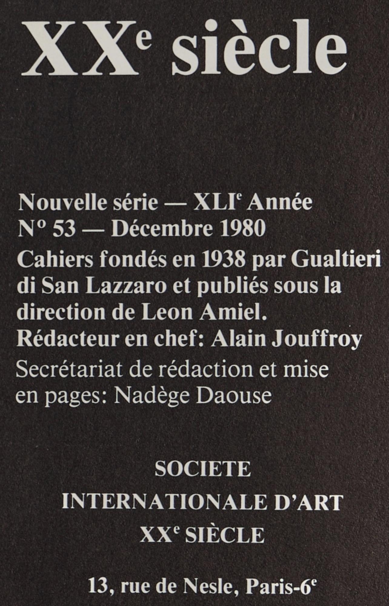 Lithograph on vélin paper. Paper Size: 12.4 x 9.65 inches. Inscription: Signed in the plate and unnumbered, as issued. Notes: From the album, XXe siècle, Nouvelle série, XLIe Année, N°53 Décembre 1980, Cahiers fondés en 1938 par Gualtieri di San