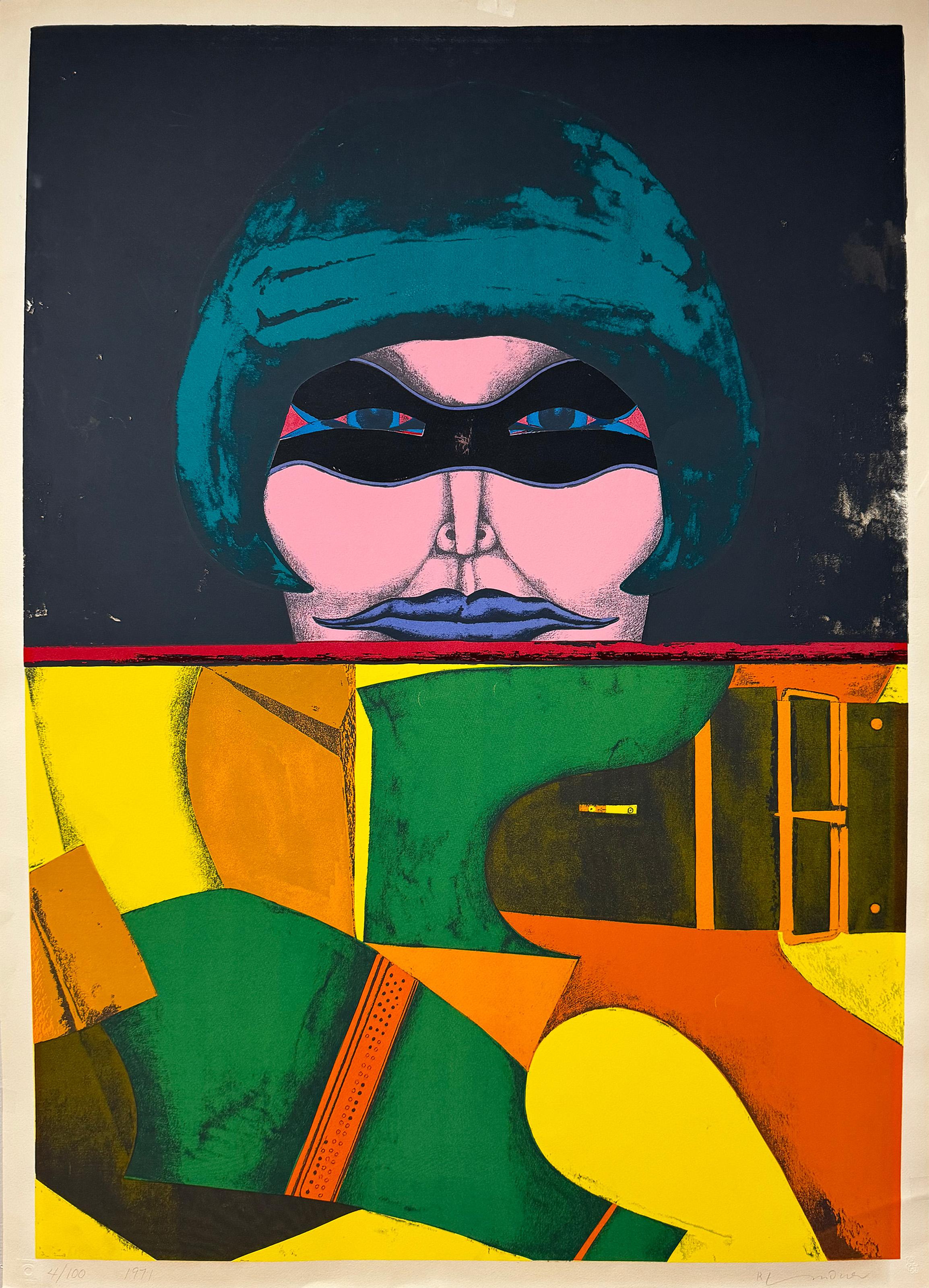 Richard Lindner, German/American (1901 - 1978) - The Mask, Year:  1971, Medium:  Lithograph, signed and numbered in pencil, Edition:  4/100, Size:  41 x 29 in. (104.14 x 73.66 cm), Description:  An Abstract portrait by Richard Lindner. This