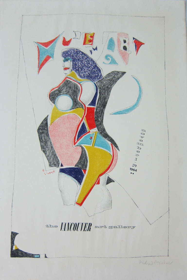 Affiche lithographie moderne vintage des années 1960, Figure Pop Art moderne, signée au crayon